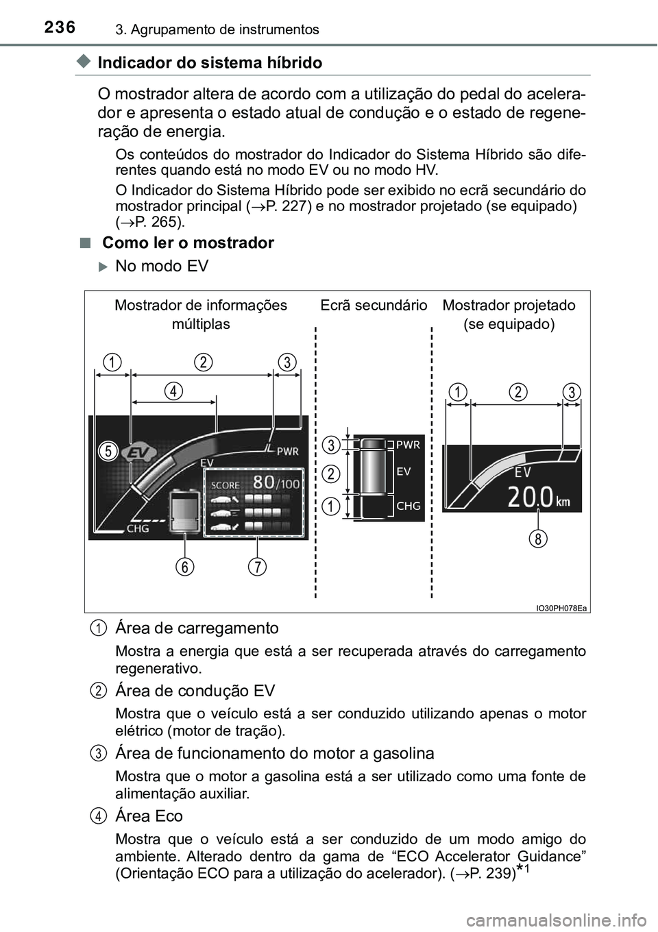 TOYOTA PRIUS PLUG-IN HYBRID 2020 Instrukcja obsługi (in Polish) 2363. Agrupamento de instrumentos
◆Indicador do sistema híbrido
O mostrador altera de acordo com a utilização do pedal do acelera-
dor e apresenta o estado atual de condução e o estado de regen TOYOTA PRIUS PLUG-IN HYBRID 2020 Instrukcja obsługi (in Polish) 2363. Agrupamento de instrumentos
◆Indicador do sistema híbrido
O mostrador altera de acordo com a utilização do pedal do acelera-
dor e apresenta o estado atual de condução e o estado de regen