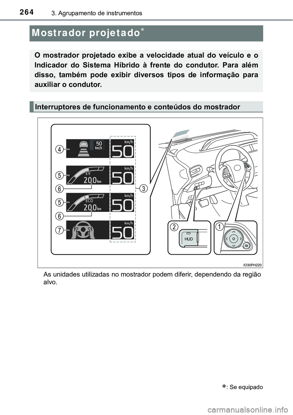 TOYOTA PRIUS PLUG-IN HYBRID 2020 Instrukcja obsługi (in Polish) 2643. Agrupamento de instrumentos
Mostrador projetado
As unidades utilizadas no mostrador podem diferir, dependendo da região
alvo.
: Se equipado
O mostrador projetado exibe a velocidade TOYOTA PRIUS PLUG-IN HYBRID 2020 Instrukcja obsługi (in Polish) 2643. Agrupamento de instrumentos
Mostrador projetado
As unidades utilizadas no mostrador podem diferir, dependendo da região
alvo.
: Se equipado
O mostrador projetado exibe a velocidade