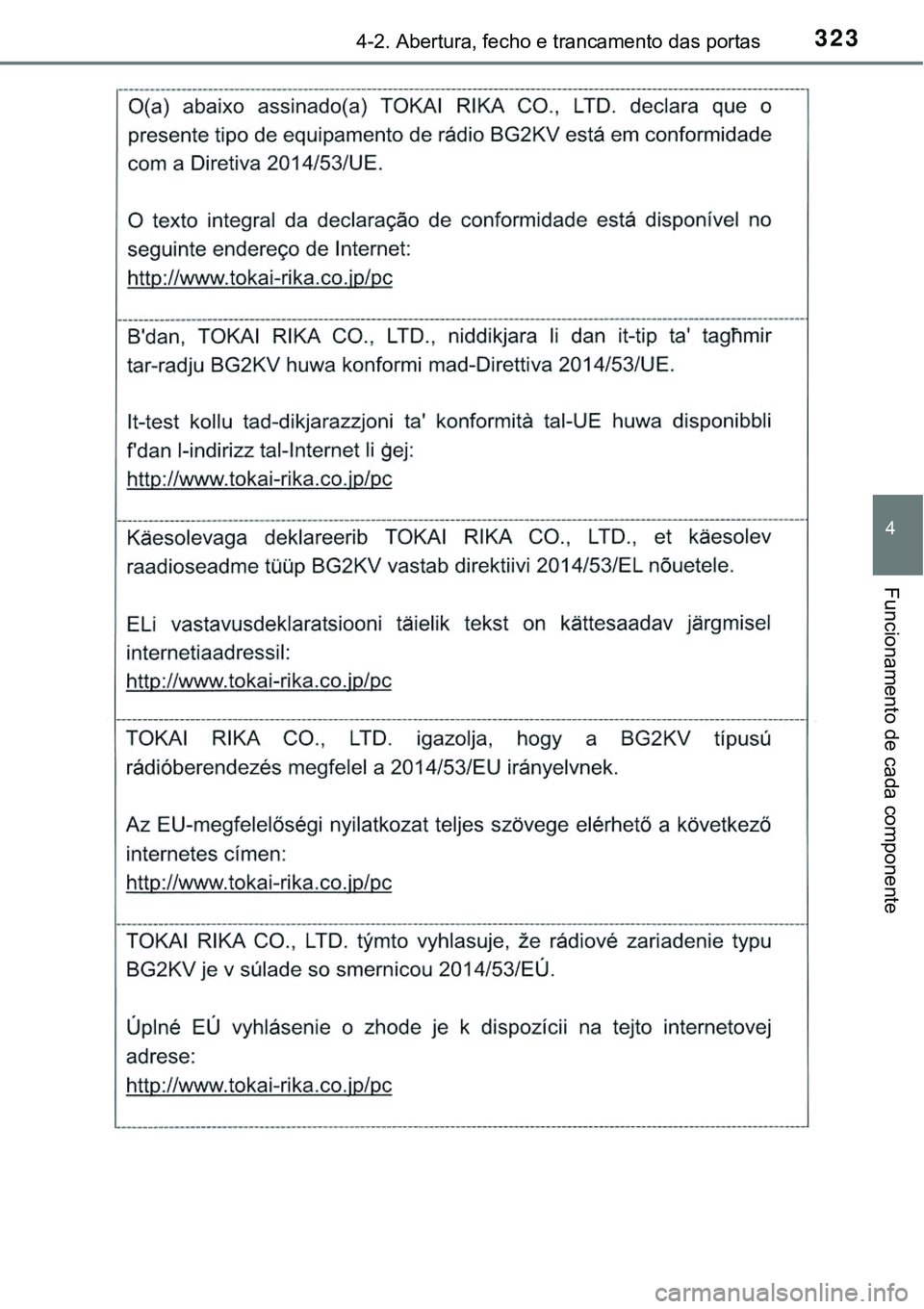 TOYOTA PRIUS PLUG-IN HYBRID 2020 Instrukcja obsługi (in Polish) 3234-2. Abertura, fecho e trancamento das portas
4
Funcionamento de cada componente TOYOTA PRIUS PLUG-IN HYBRID 2020 Instrukcja obsługi (in Polish) 3234-2. Abertura, fecho e trancamento das portas
4
Funcionamento de cada componente