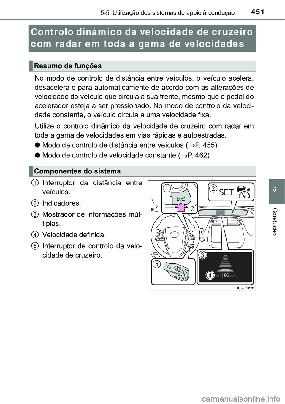 TOYOTA PRIUS PLUG-IN HYBRID 2020 Instrukcja obsługi (in Polish) 4515-5. Utilização dos sistemas de apoio à condução
5
Condução
Controlo dinâmico da velocidade de cruzeiro
com radar em toda a gama de velocidades
No modo de controlo de distância entr TOYOTA PRIUS PLUG-IN HYBRID 2020 Instrukcja obsługi (in Polish) 4515-5. Utilização dos sistemas de apoio à condução
5
Condução
Controlo dinâmico da velocidade de cruzeiro
com radar em toda a gama de velocidades
No modo de controlo de distância entr