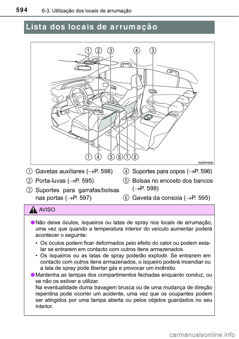 TOYOTA PRIUS PLUG-IN HYBRID 2020 Instrukcja obsługi (in Polish) 5946-3. Utilização dos locais de arrumação
Lista dos locais de arrumação
Gavetas auxiliares (P. 598)
Porta-luvas (P. 5 9 5 )
Suportes para garrafas/bolsas
nas portas (P. 5 9 7 )Su TOYOTA PRIUS PLUG-IN HYBRID 2020 Instrukcja obsługi (in Polish) 5946-3. Utilização dos locais de arrumação
Lista dos locais de arrumação
Gavetas auxiliares (P. 598)
Porta-luvas (P. 5 9 5 )
Suportes para garrafas/bolsas
nas portas (P. 5 9 7 )Su