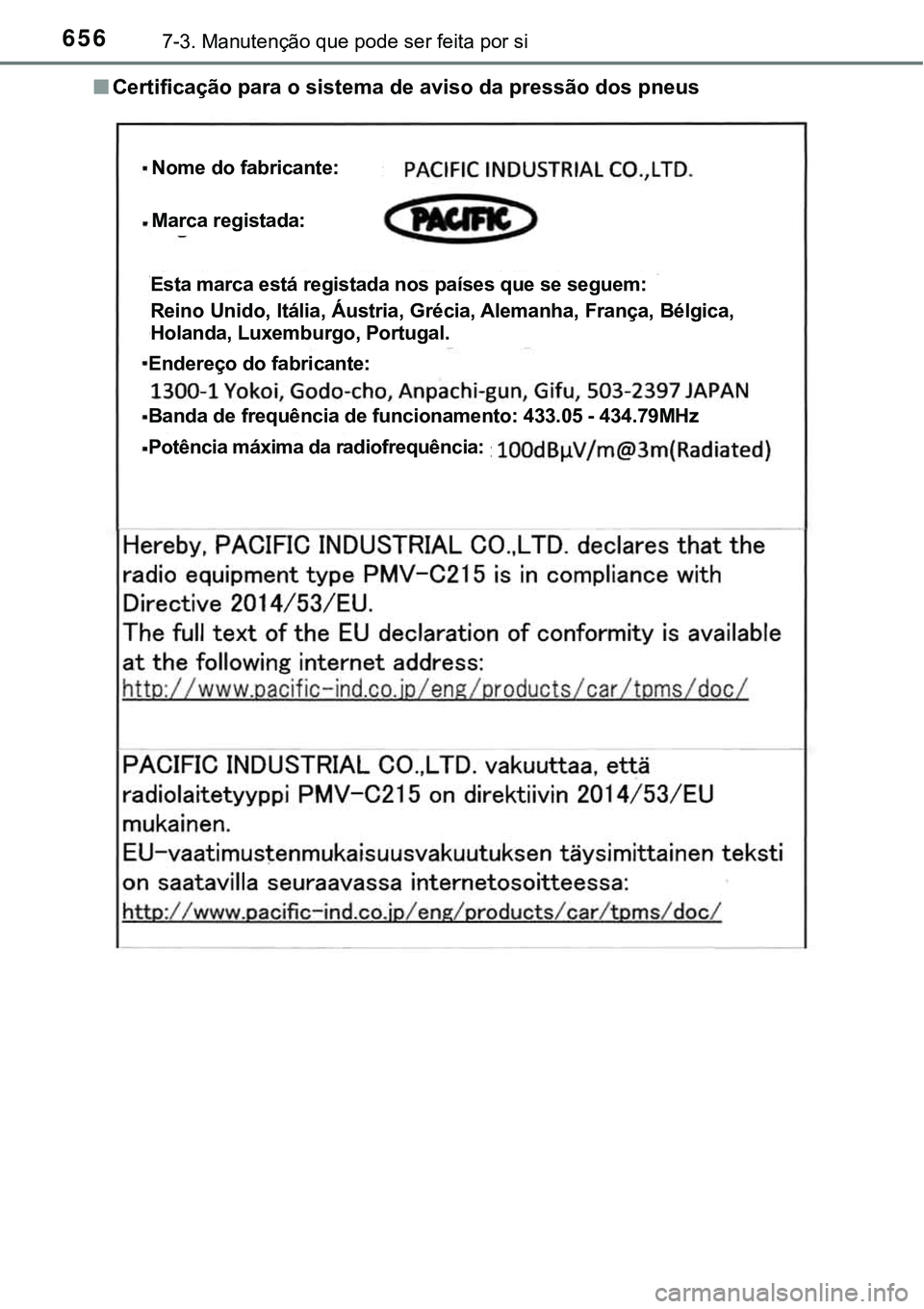 TOYOTA PRIUS PLUG-IN HYBRID 2020 Instrukcja obsługi (in Polish) 6567-3. Manutenção que pode ser feita por si
■Certificação para o sistema de aviso da pressão dos pneus
Nome do fabricante:
Marca registada:
Esta marca está registada nos países que se seguem TOYOTA PRIUS PLUG-IN HYBRID 2020 Instrukcja obsługi (in Polish) 6567-3. Manutenção que pode ser feita por si
■Certificação para o sistema de aviso da pressão dos pneus
Nome do fabricante:
Marca registada:
Esta marca está registada nos países que se seguem