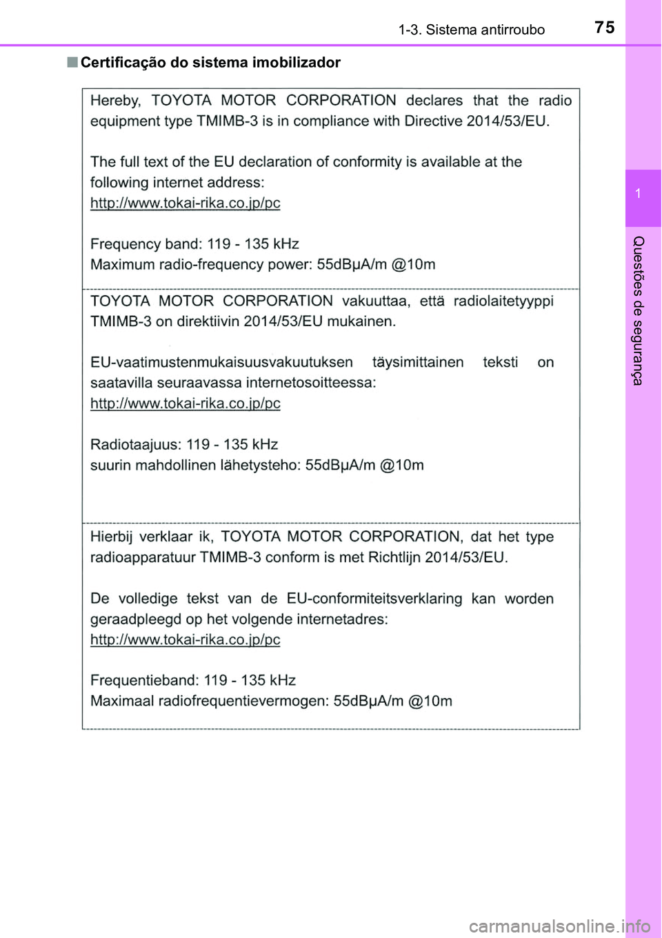 TOYOTA PRIUS PLUG-IN HYBRID 2020  Instrukcja obsługi (in Polish) 751-3. Sistema antirroubo
1
Questões de segurança
■Certificação do sistema imobilizador 