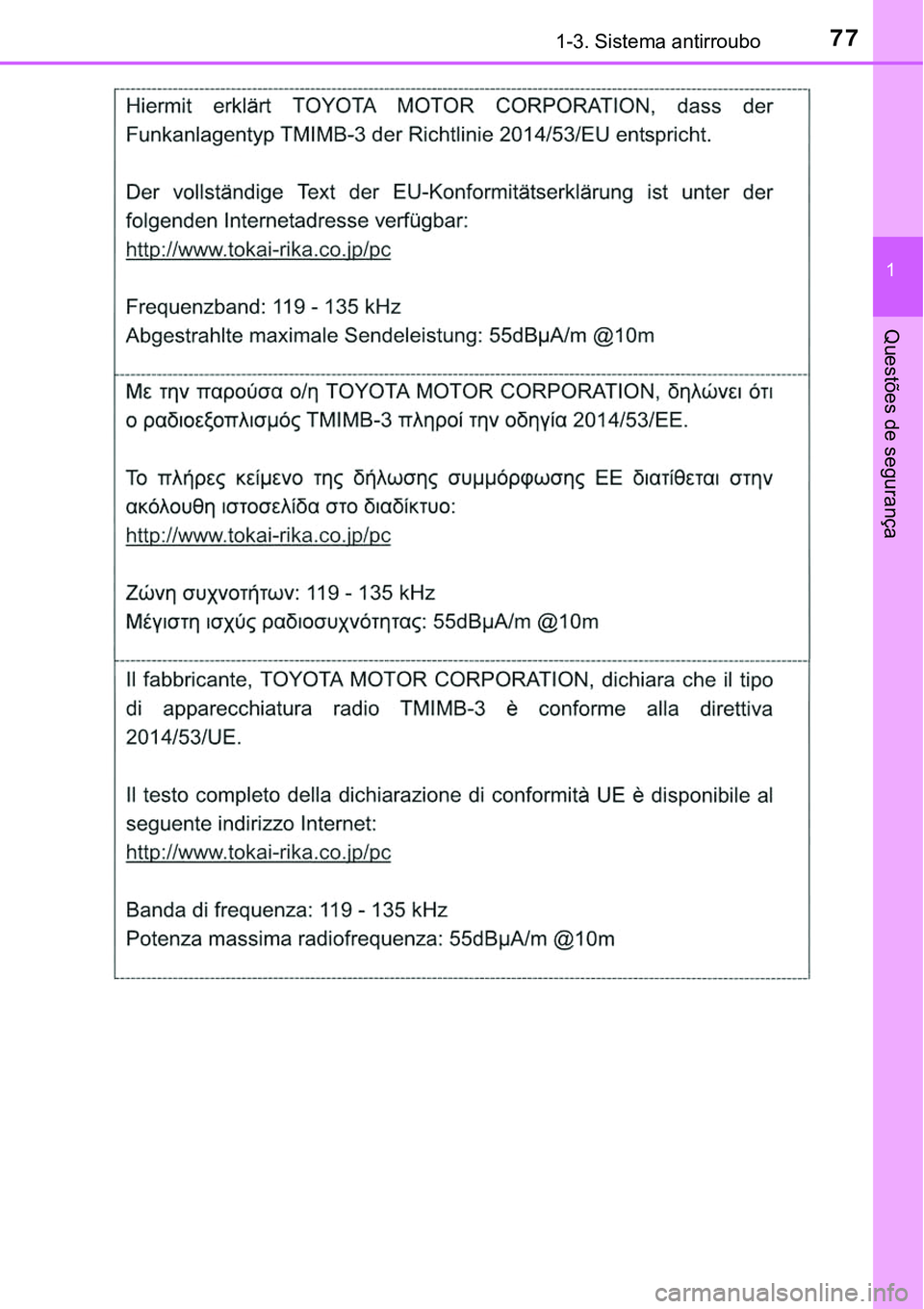 TOYOTA PRIUS PLUG-IN HYBRID 2020  Instrukcja obsługi (in Polish) 771-3. Sistema antirroubo
1
Questões de segurança 