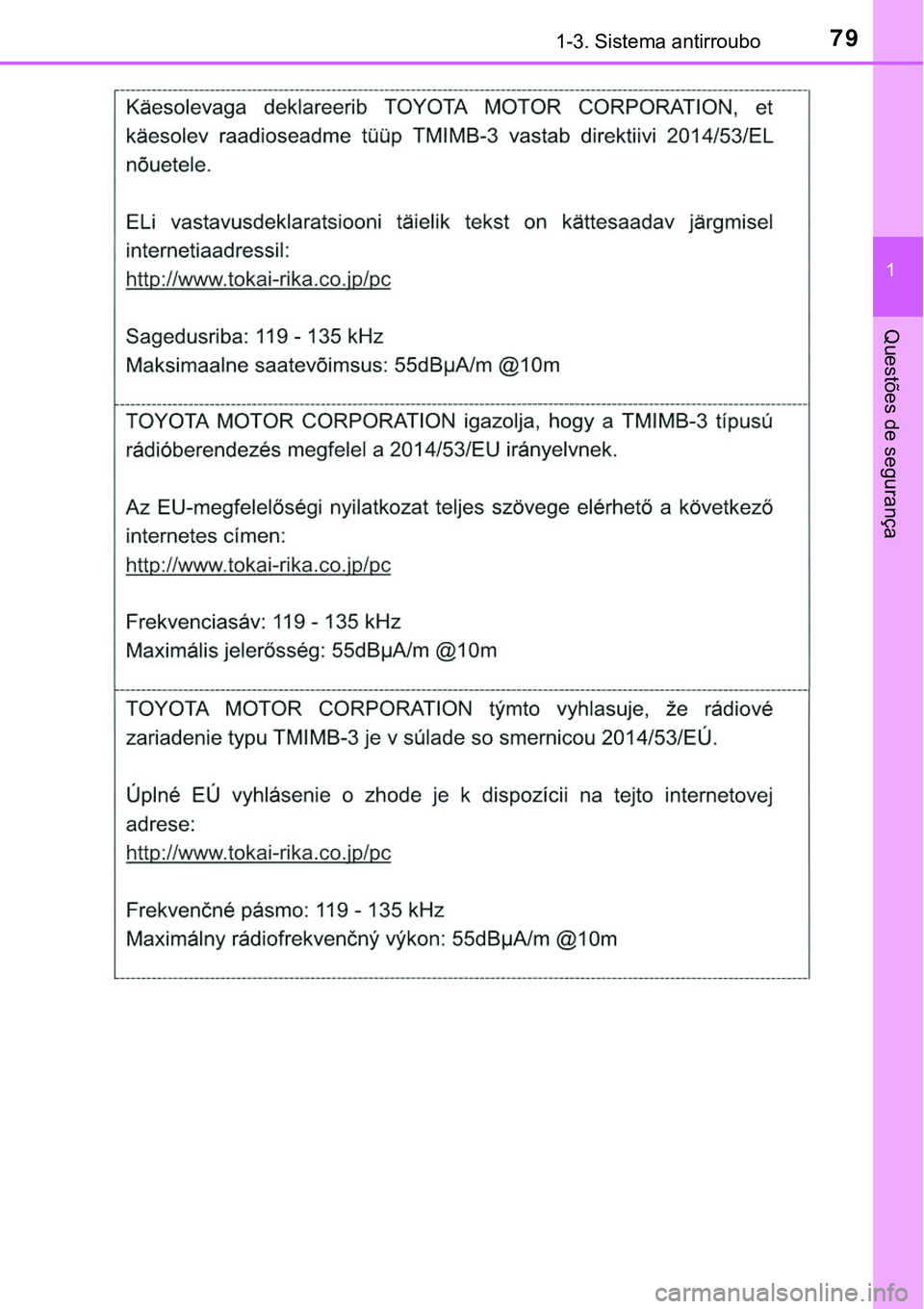 TOYOTA PRIUS PLUG-IN HYBRID 2020  Instrukcja obsługi (in Polish) 791-3. Sistema antirroubo
1
Questões de segurança 