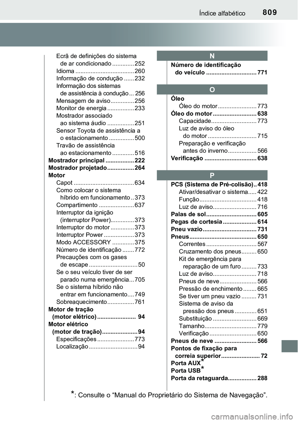 TOYOTA PRIUS PLUG-IN HYBRID 2020  Instrukcja obsługi (in Polish) 809Índice alfabético
Ecrã de definições do sistema 
de ar condicionado ............. 252
Idioma ................................... 260
Informação de condução ...... 232
Informação dos sist