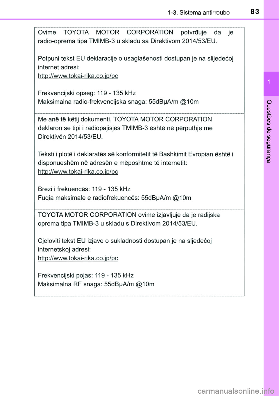 TOYOTA PRIUS PLUG-IN HYBRID 2020  Instrukcja obsługi (in Polish) 831-3. Sistema antirroubo
1
Questões de segurança 