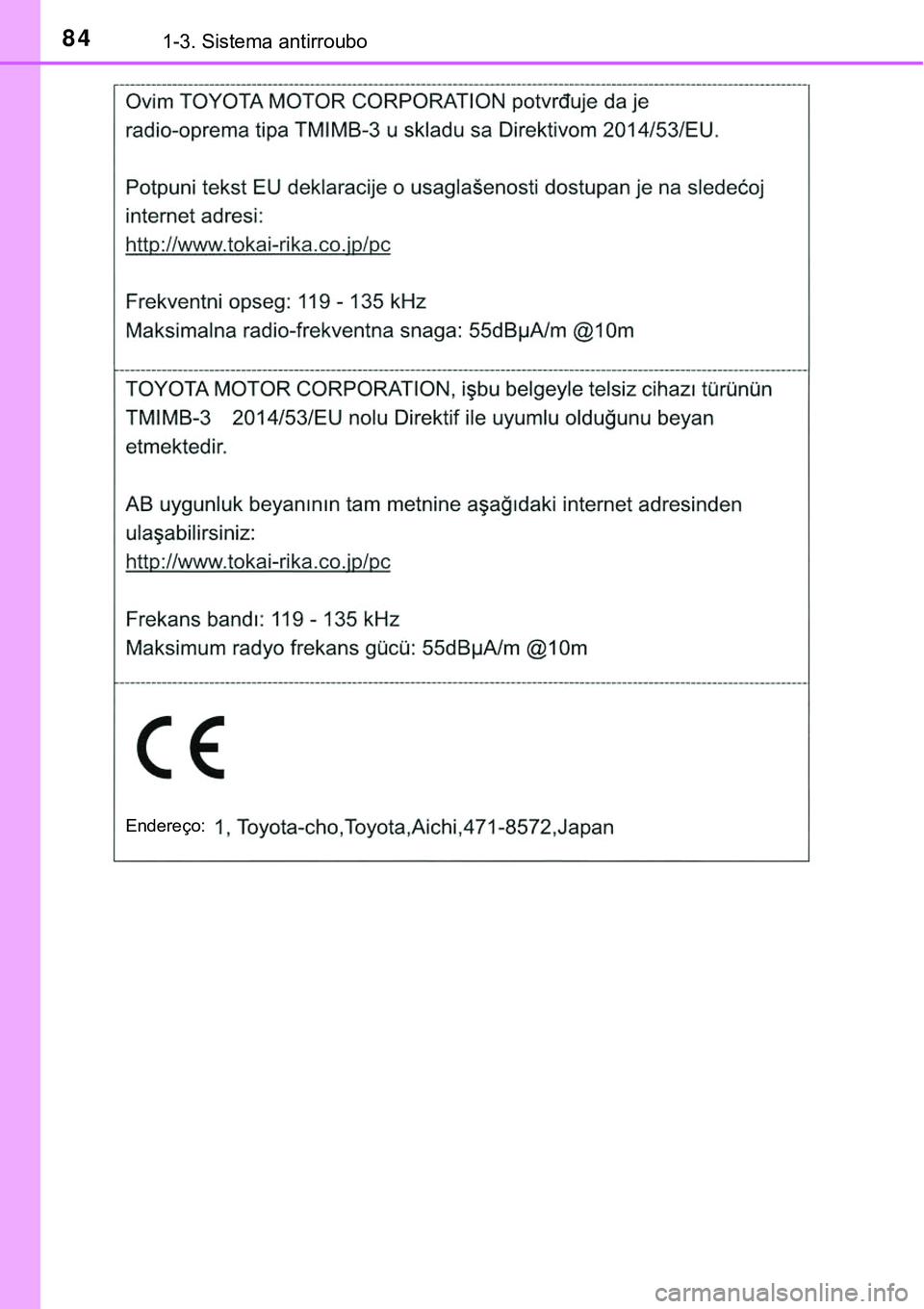 TOYOTA PRIUS PLUG-IN HYBRID 2020  Instrukcja obsługi (in Polish) 841-3. Sistema antirroubo
Endereço: 