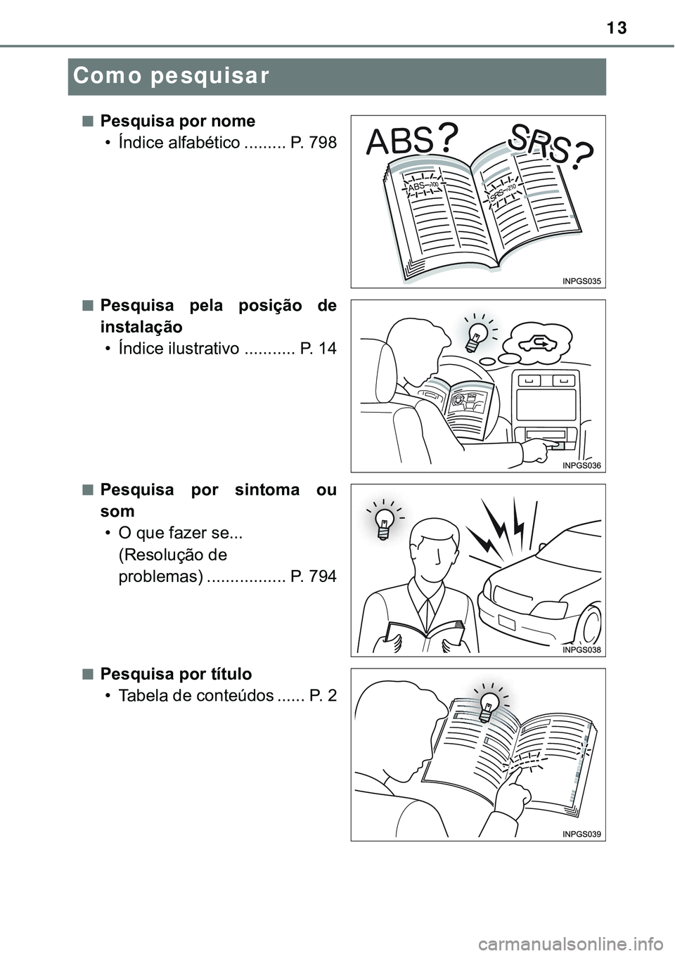 TOYOTA PRIUS PLUG-IN HYBRID 2020 Manual de utilização (in Portuguese) 13
Como pesquisar
■Pesquisa por nome
• Índice alfabético ......... P. 798
■Pesquisa pela posição de
instalação
• Índice ilustrativo ........... P. 14
■Pesquisa por sintoma ou
so TOYOTA PRIUS PLUG-IN HYBRID 2020 Manual de utilização (in Portuguese) 13
Como pesquisar
■Pesquisa por nome
• Índice alfabético ......... P. 798
■Pesquisa pela posição de
instalação
• Índice ilustrativo ........... P. 14
■Pesquisa por sintoma ou
so