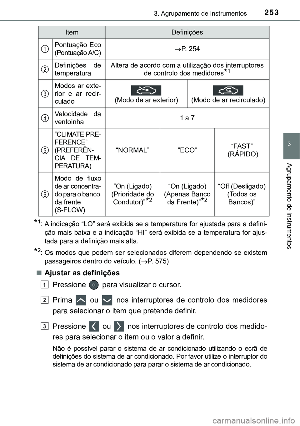 TOYOTA PRIUS PLUG-IN HYBRID 2020 Manual de utilização (in Portuguese) 2533. Agrupamento de instrumentos
3
Agrupamento de instrumentos
*1: A indicação “LO” será exibida se a temperatura for ajustada para a defini-
ção mais baixa e a indicação “HI” s TOYOTA PRIUS PLUG-IN HYBRID 2020 Manual de utilização (in Portuguese) 2533. Agrupamento de instrumentos
3
Agrupamento de instrumentos
*1: A indicação “LO” será exibida se a temperatura for ajustada para a defini-
ção mais baixa e a indicação “HI” s