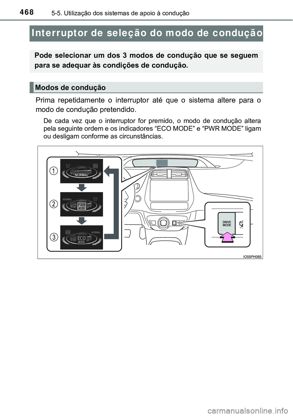 TOYOTA PRIUS PLUG-IN HYBRID 2020 Manual de utilização (in Portuguese) 4685-5. Utilização dos sistemas de apoio à condução
Interruptor de seleção do modo de condução
Prima repetidamente o interruptor até que o sistema altere para o
modo de condução p TOYOTA PRIUS PLUG-IN HYBRID 2020 Manual de utilização (in Portuguese) 4685-5. Utilização dos sistemas de apoio à condução
Interruptor de seleção do modo de condução
Prima repetidamente o interruptor até que o sistema altere para o
modo de condução p