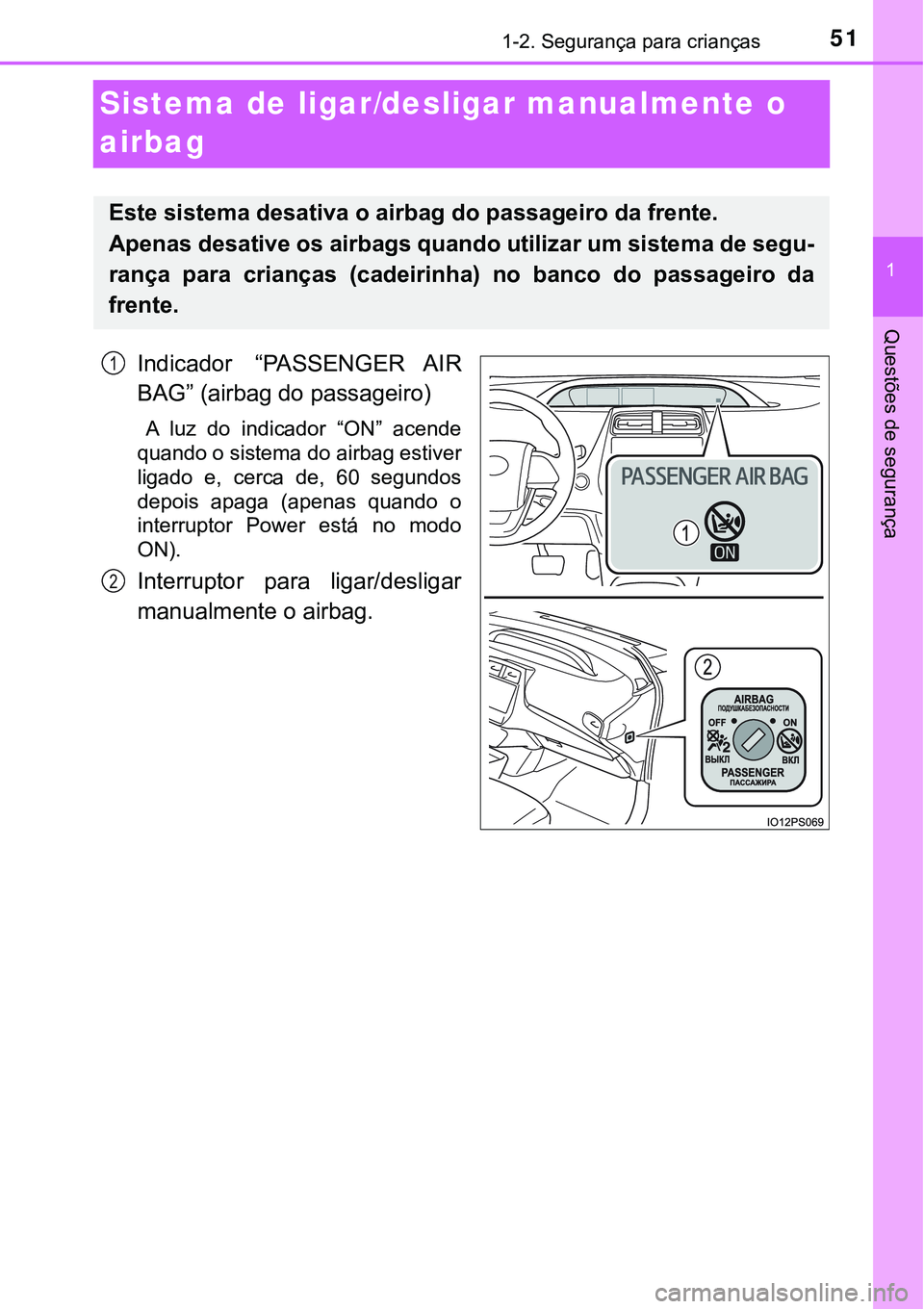 TOYOTA PRIUS PLUG-IN HYBRID 2020 Manual de utilização (in Portuguese) 511-2. Segurança para crianças
1
Questões de segurança
Sistema de ligar/desligar manualmente o
airbag
Indicador “PASSENGER AIR
BAG” (airbag do passageiro)
A luz do indicador “ON” TOYOTA PRIUS PLUG-IN HYBRID 2020 Manual de utilização (in Portuguese) 511-2. Segurança para crianças
1
Questões de segurança
Sistema de ligar/desligar manualmente o
airbag
Indicador “PASSENGER AIR
BAG” (airbag do passageiro)
A luz do indicador “ON”