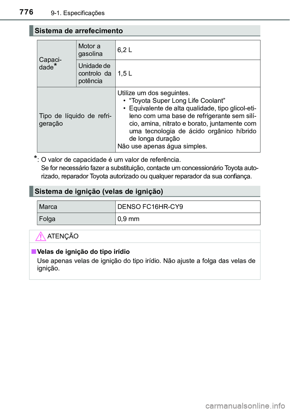 TOYOTA PRIUS PLUG-IN HYBRID 2020 Manual de utilização (in Portuguese) 7769-1. Especificações
*: O valor de capacidade é um valor de referência.
Se for necessário fazer a substituição, contacte um concessionário Toyota auto-
rizado, reparador Toyota autorizado o TOYOTA PRIUS PLUG-IN HYBRID 2020 Manual de utilização (in Portuguese) 7769-1. Especificações
*: O valor de capacidade é um valor de referência.
Se for necessário fazer a substituição, contacte um concessionário Toyota auto-
rizado, reparador Toyota autorizado o