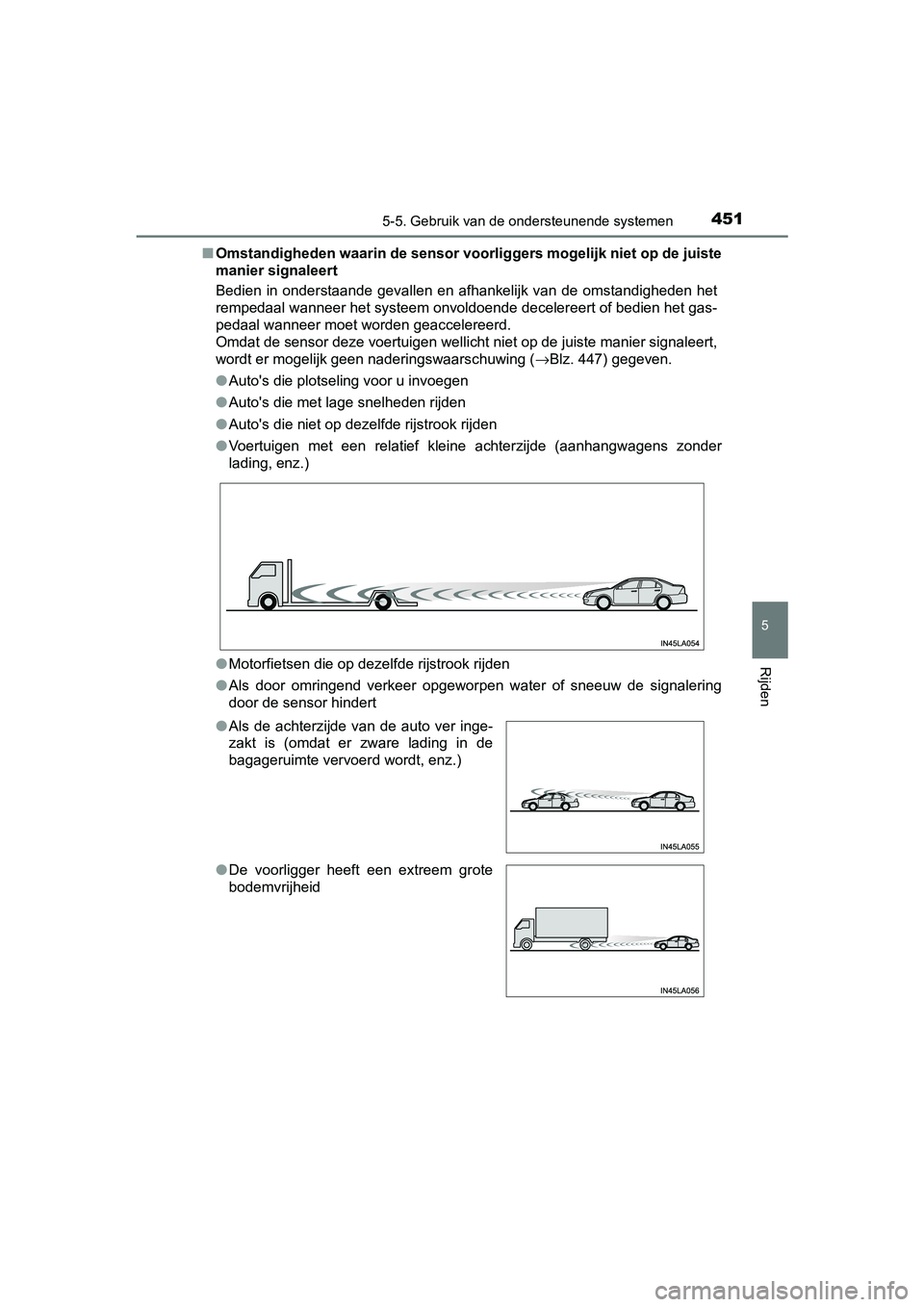 TOYOTA PRIUS PLUG-IN HYBRID 2019 Instructieboekje (in Dutch) 4515-5. Gebruik van de ondersteunende systemen
PRIUS PHV_OM_OM47C78E_(EE)
5
Rijden
■Omstandigheden waarin de sensor voorliggers mogelijk niet op de juiste
manier signaleert
Bedien in onderstaande TOYOTA PRIUS PLUG-IN HYBRID 2019 Instructieboekje (in Dutch) 4515-5. Gebruik van de ondersteunende systemen
PRIUS PHV_OM_OM47C78E_(EE)
5
Rijden
■Omstandigheden waarin de sensor voorliggers mogelijk niet op de juiste
manier signaleert
Bedien in onderstaande