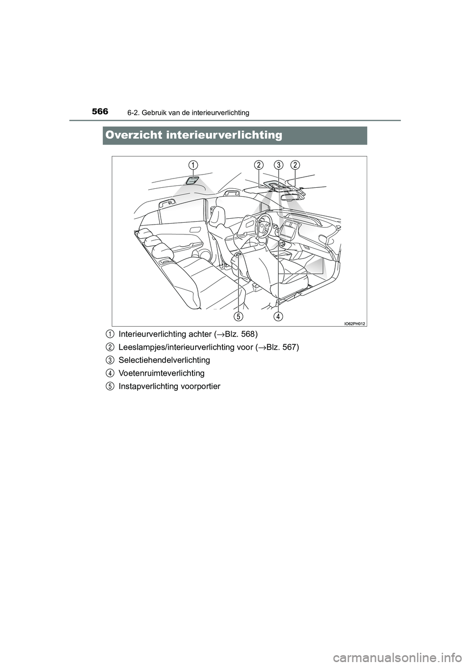 TOYOTA PRIUS PLUG-IN HYBRID 2019  Instructieboekje (in Dutch) 5666-2. Gebruik van de interieurverlichting
PRIUS PHV_OM_OM47C78E_(EE)
Overzicht interieur verlichting
Interieurverlichting achter (→Blz. 568)
Leeslampjes/interieurverlichting voor ( →Blz. 567)
Se