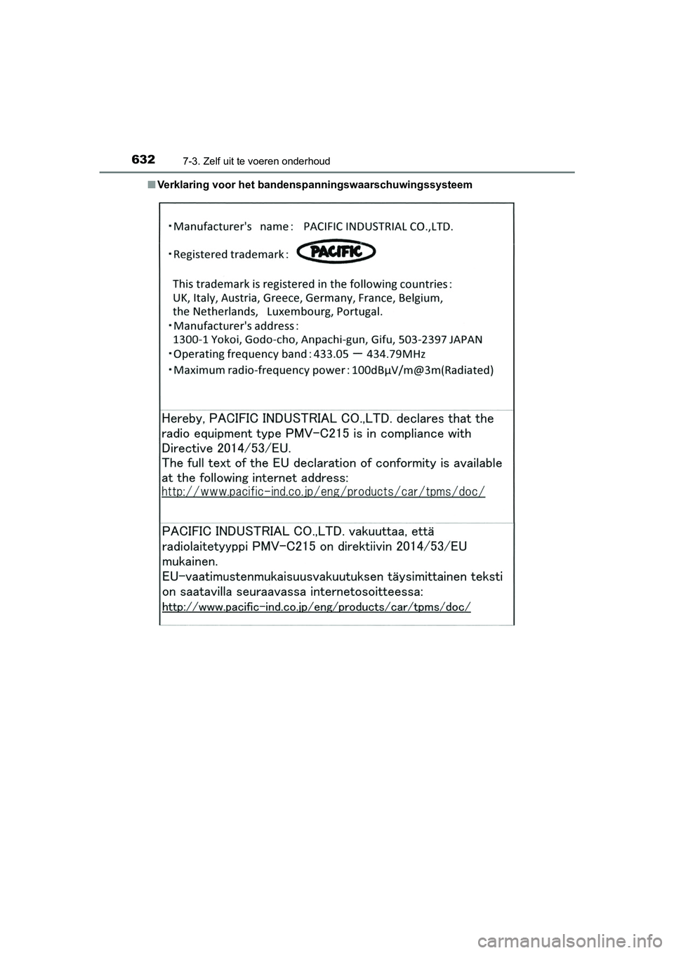 TOYOTA PRIUS PLUG-IN HYBRID 2019 Instructieboekje (in Dutch) 6327-3. Zelf uit te voeren onderhoud
PRIUS PHV_OM_OM47C78E_(EE)■
Verklaring voor het banden spanningswaarschuwingssysteem
PRIUS PHV_OM_OM47C78E_(EE).boo k Page 632 Wednesday, April 3, 2019 10:55 TOYOTA PRIUS PLUG-IN HYBRID 2019 Instructieboekje (in Dutch) 6327-3. Zelf uit te voeren onderhoud
PRIUS PHV_OM_OM47C78E_(EE)■
Verklaring voor het banden spanningswaarschuwingssysteem
PRIUS PHV_OM_OM47C78E_(EE).boo k Page 632 Wednesday, April 3, 2019 10:55