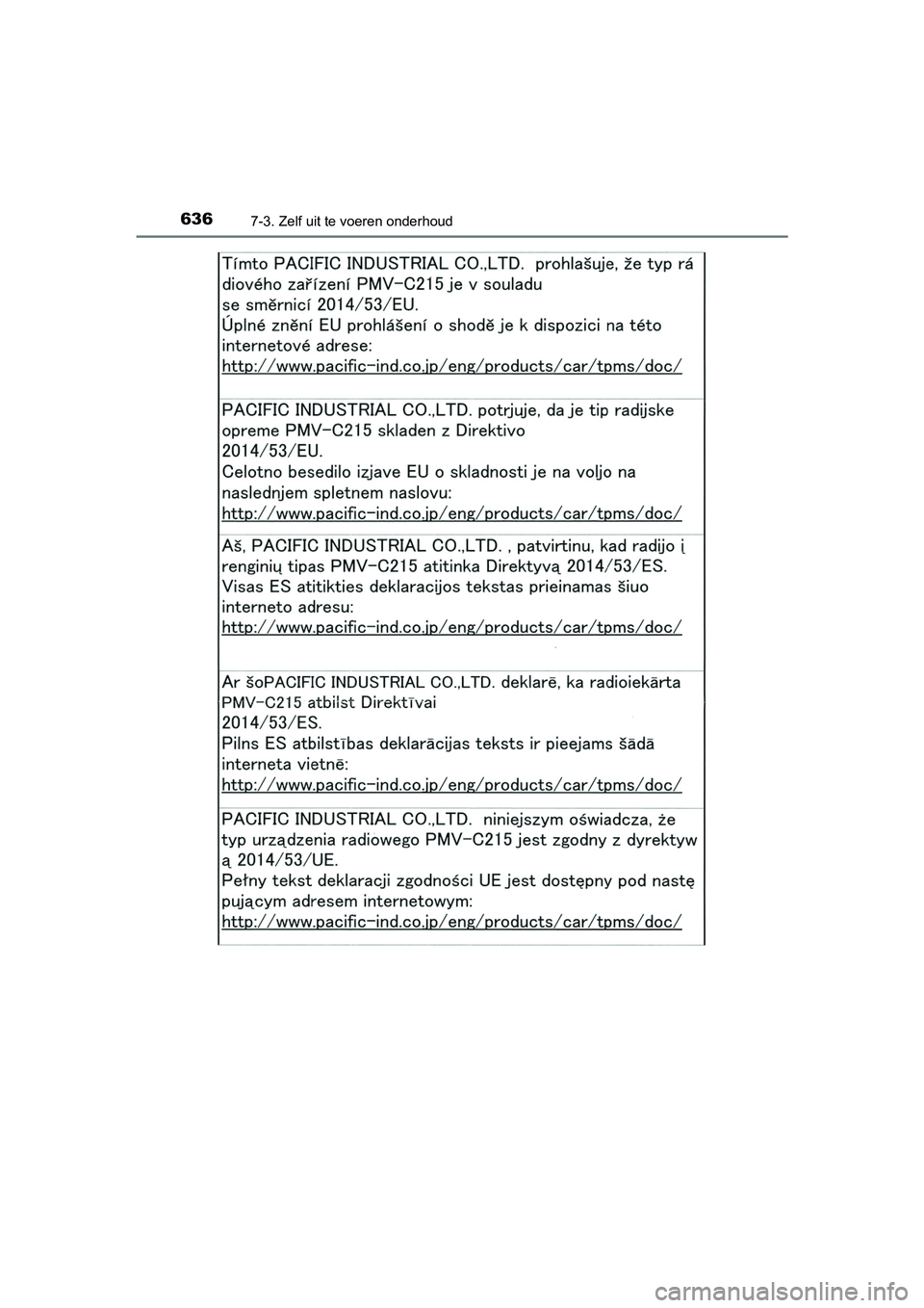 TOYOTA PRIUS PLUG-IN HYBRID 2019 Instructieboekje (in Dutch) 6367-3. Zelf uit te voeren onderhoud
PRIUS PHV_OM_OM47C78E_(EE)
PRIUS PHV_OM_OM47C78E_(EE).book Page 636 Wednesday, April 3, 2019 10:55 AM TOYOTA PRIUS PLUG-IN HYBRID 2019 Instructieboekje (in Dutch) 6367-3. Zelf uit te voeren onderhoud
PRIUS PHV_OM_OM47C78E_(EE)
PRIUS PHV_OM_OM47C78E_(EE).book Page 636 Wednesday, April 3, 2019 10:55 AM