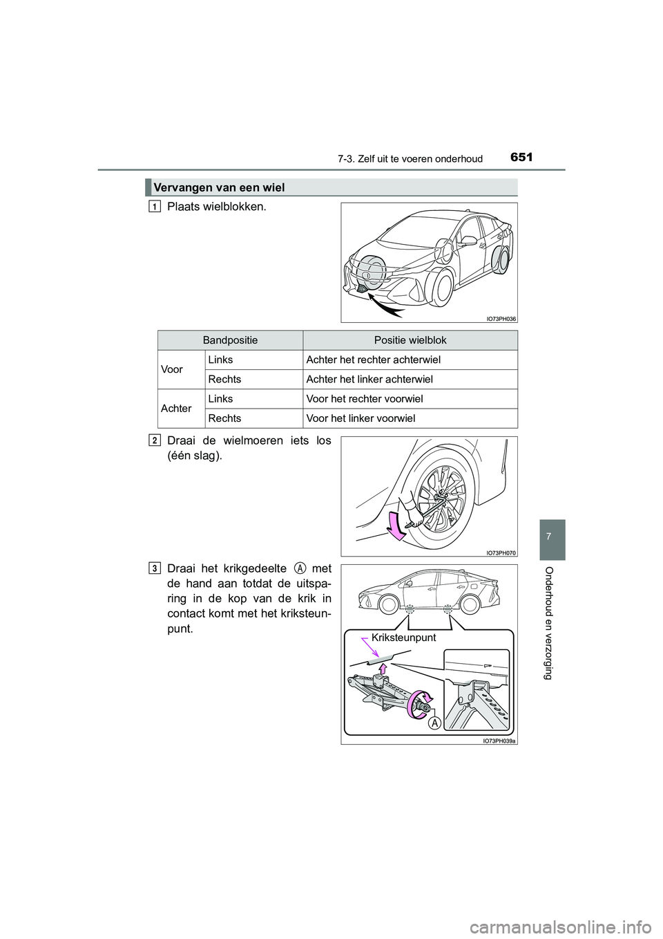 TOYOTA PRIUS PLUG-IN HYBRID 2019  Instructieboekje (in Dutch) 6517-3. Zelf uit te voeren onderhoud
PRIUS PHV_OM_OM47C78E_(EE)
7
Onderhoud en verzorging
Plaats wielblokken.
Draai  de  wielmoeren  iets  los
(één slag).
Draai  het  krikgedeelte    met
de  hand  a