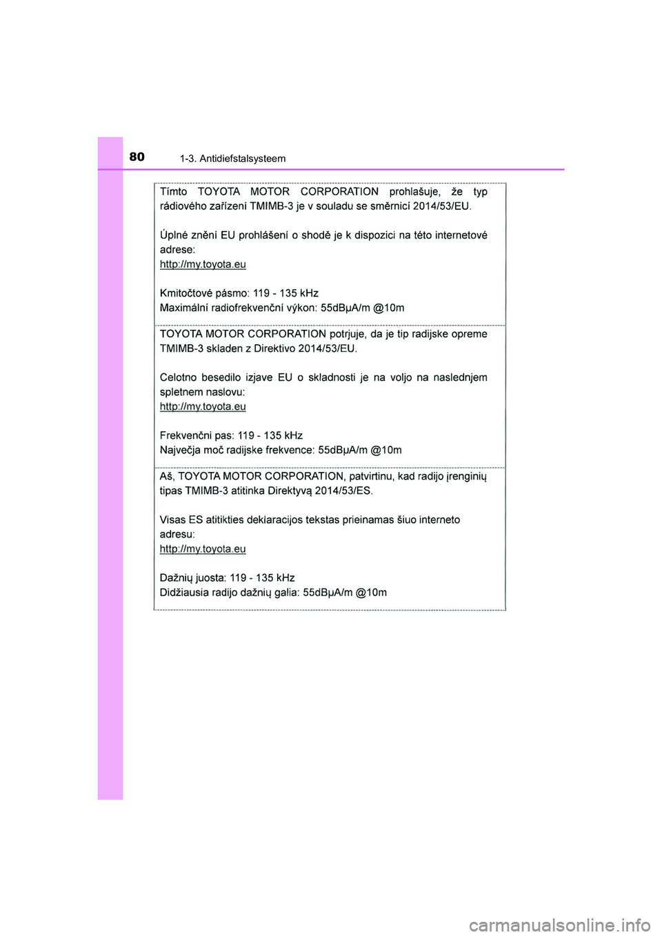 TOYOTA PRIUS PLUG-IN HYBRID 2019  Instructieboekje (in Dutch) 801-3. Antidiefstalsysteem
PRIUS PHV_OM_OM47C78E_(EE)
PRIUS PHV_OM_OM47C78E_(EE).book  Page 80  Wednesday, April 3, 2019  10:55 AM 
