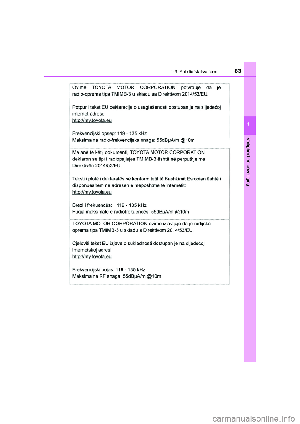 TOYOTA PRIUS PLUG-IN HYBRID 2019  Instructieboekje (in Dutch) 831-3. Antidiefstalsysteem
1
PRIUS PHV_OM_OM47C78E_(EE)
Veiligheid en beveiliging
PRIUS PHV_OM_OM47C78E_(EE).book  Page 83  Wednesday, April 3, 2019  10:55 AM 