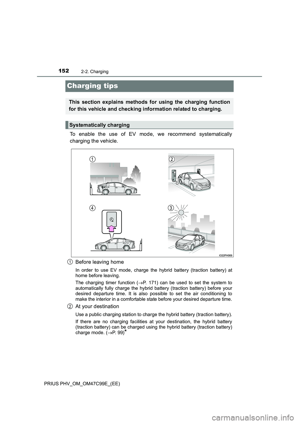 TOYOTA PRIUS PLUG-IN HYBRID 2018 Owners Manual 1522-2. Charging
PRIUS PHV_OM_OM47C99E_(EE)
Charging tips
To enable the use of EV mode, we recommend systematically
charging the vehicle.
Before leaving home
In order to use EV mode, charge the hybr TOYOTA PRIUS PLUG-IN HYBRID 2018 Owners Manual 1522-2. Charging
PRIUS PHV_OM_OM47C99E_(EE)
Charging tips
To enable the use of EV mode, we recommend systematically
charging the vehicle.
Before leaving home
In order to use EV mode, charge the hybr
