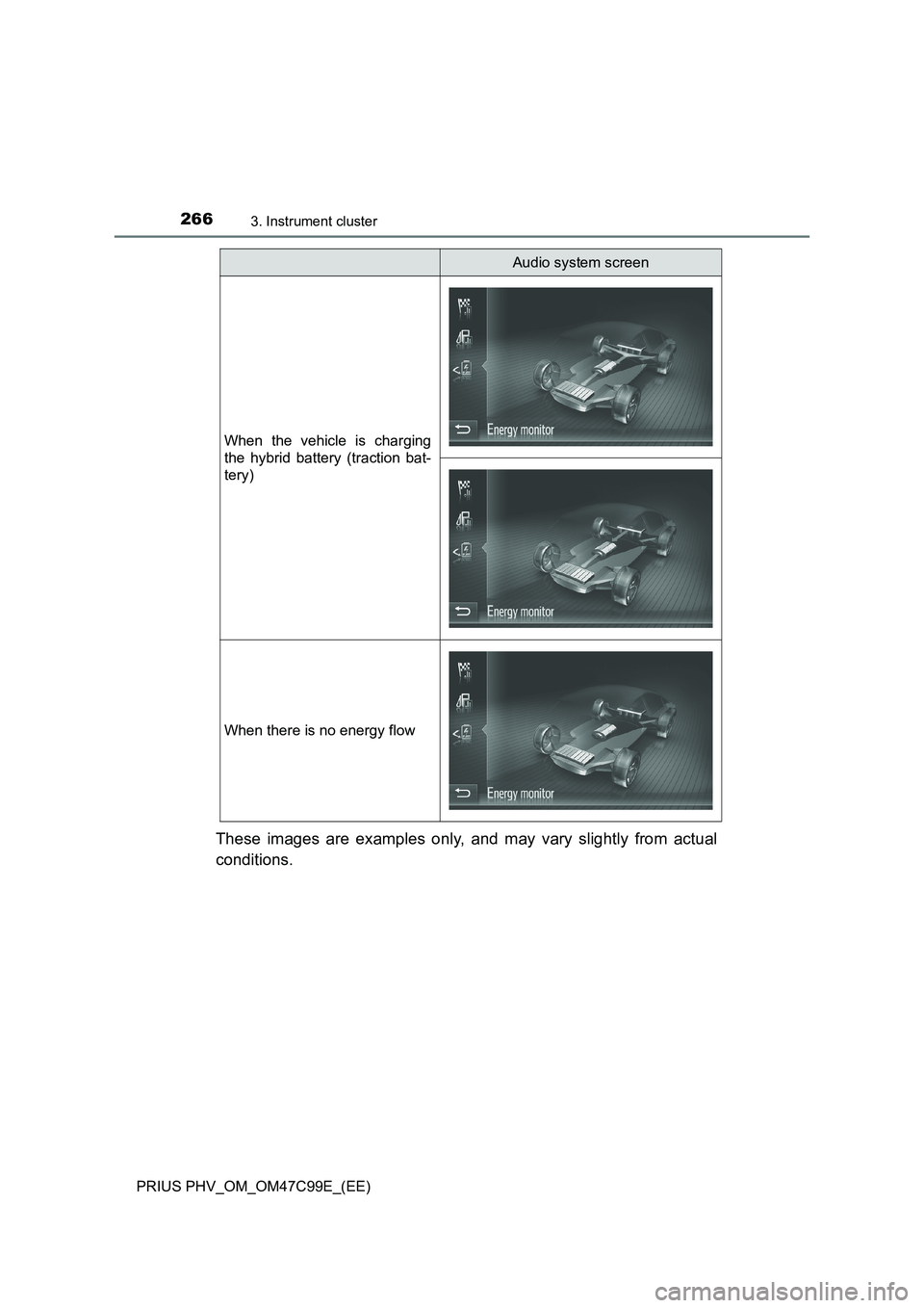 TOYOTA PRIUS PLUG-IN HYBRID 2018  Owners Manual 2663. Instrument cluster
PRIUS PHV_OM_OM47C99E_(EE)
These images are examples only, and may vary slightly from actual
conditions.
When the vehicle is charging
the hybrid battery (traction bat-
tery)
W