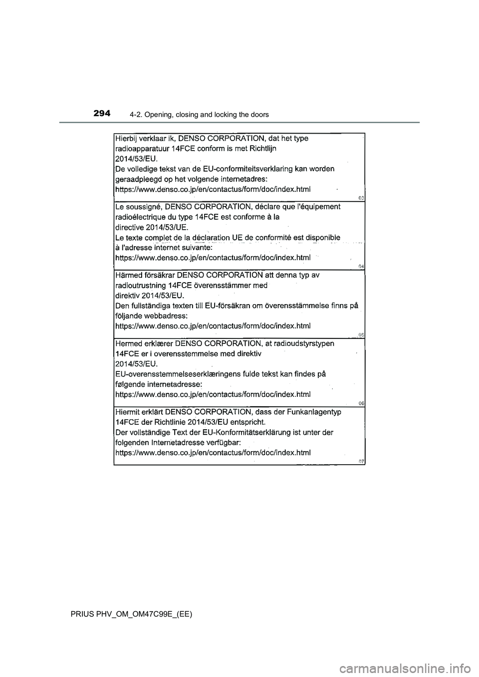 TOYOTA PRIUS PLUG-IN HYBRID 2018  Owners Manual 2944-2. Opening, closing and locking the doors
PRIUS PHV_OM_OM47C99E_(EE) 