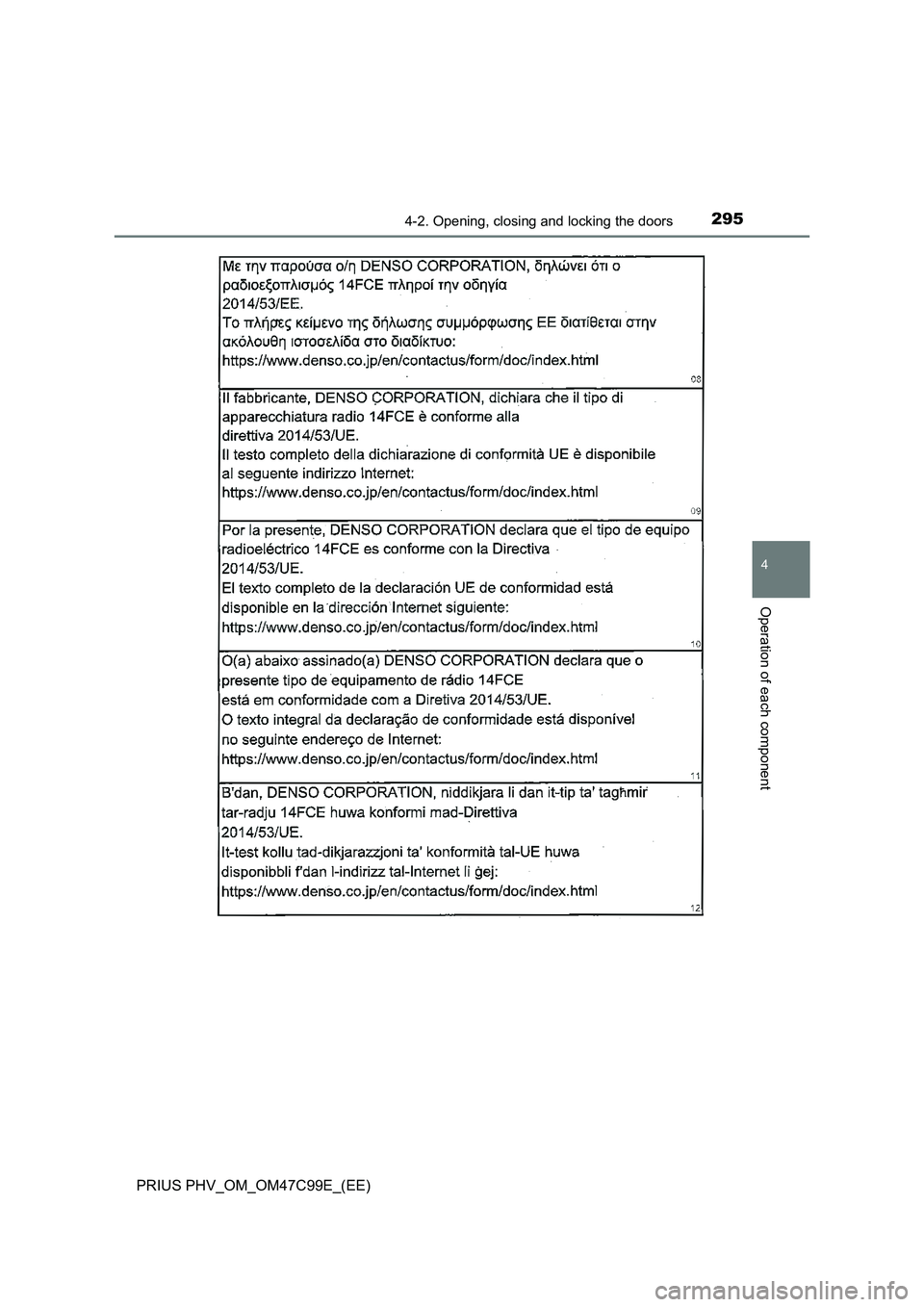 TOYOTA PRIUS PLUG-IN HYBRID 2018  Owners Manual 2954-2. Opening, closing and locking the doors
PRIUS PHV_OM_OM47C99E_(EE)
4
Operation of each component 