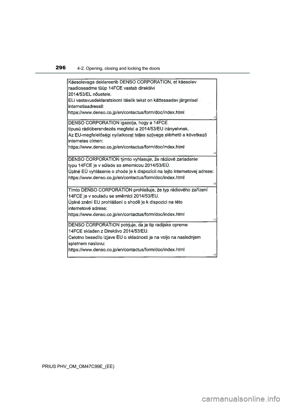 TOYOTA PRIUS PLUG-IN HYBRID 2018  Owners Manual 2964-2. Opening, closing and locking the doors
PRIUS PHV_OM_OM47C99E_(EE) 