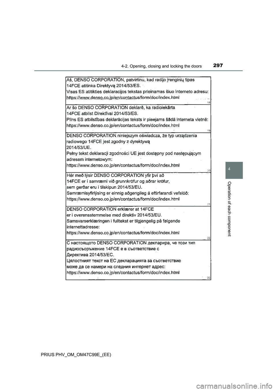 TOYOTA PRIUS PLUG-IN HYBRID 2018  Owners Manual 2974-2. Opening, closing and locking the doors
PRIUS PHV_OM_OM47C99E_(EE)
4
Operation of each component 