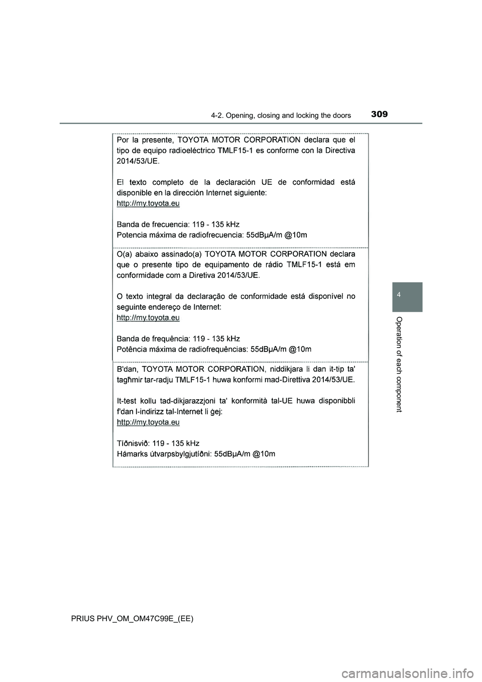 TOYOTA PRIUS PLUG-IN HYBRID 2018 Owners Manual 3094-2. Opening, closing and locking the doors
PRIUS PHV_OM_OM47C99E_(EE)
4
Operation of each component TOYOTA PRIUS PLUG-IN HYBRID 2018 Owners Manual 3094-2. Opening, closing and locking the doors
PRIUS PHV_OM_OM47C99E_(EE)
4
Operation of each component