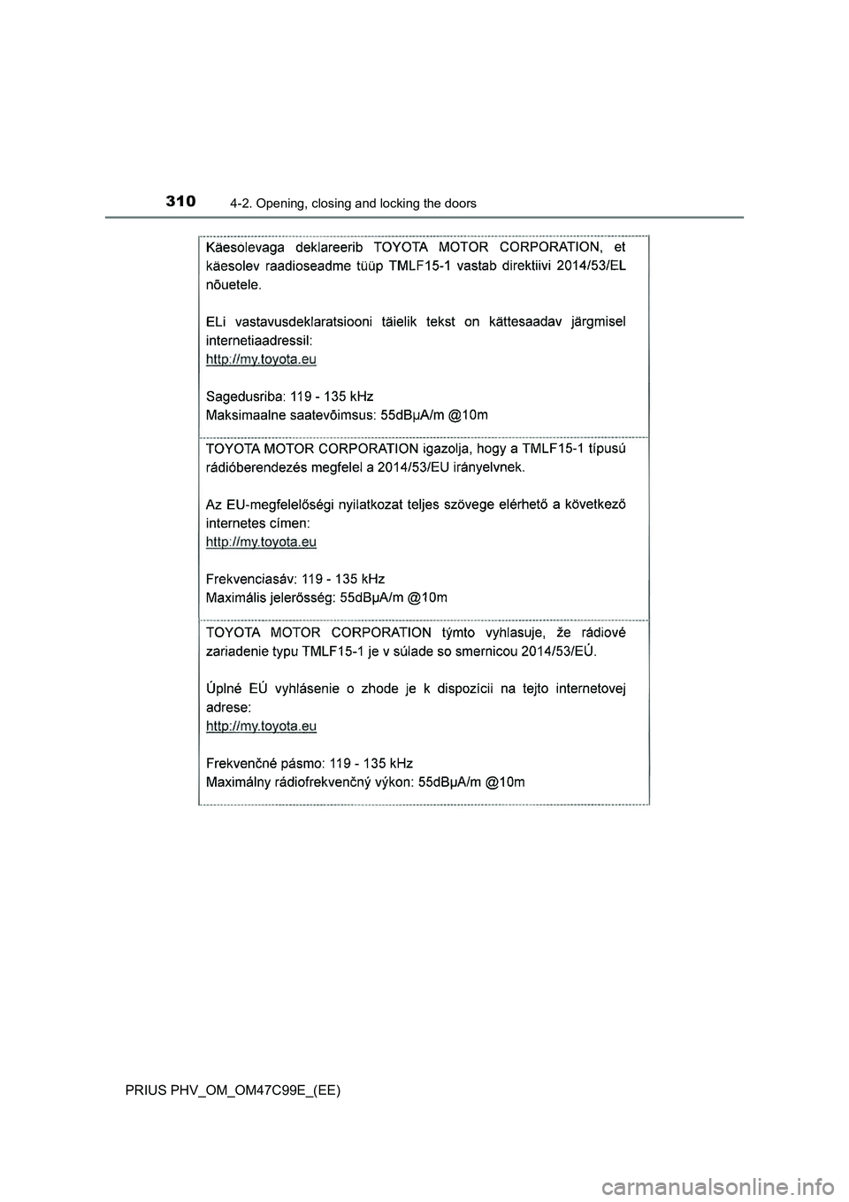 TOYOTA PRIUS PLUG-IN HYBRID 2018 Owners Manual 3104-2. Opening, closing and locking the doors
PRIUS PHV_OM_OM47C99E_(EE) TOYOTA PRIUS PLUG-IN HYBRID 2018 Owners Manual 3104-2. Opening, closing and locking the doors
PRIUS PHV_OM_OM47C99E_(EE)