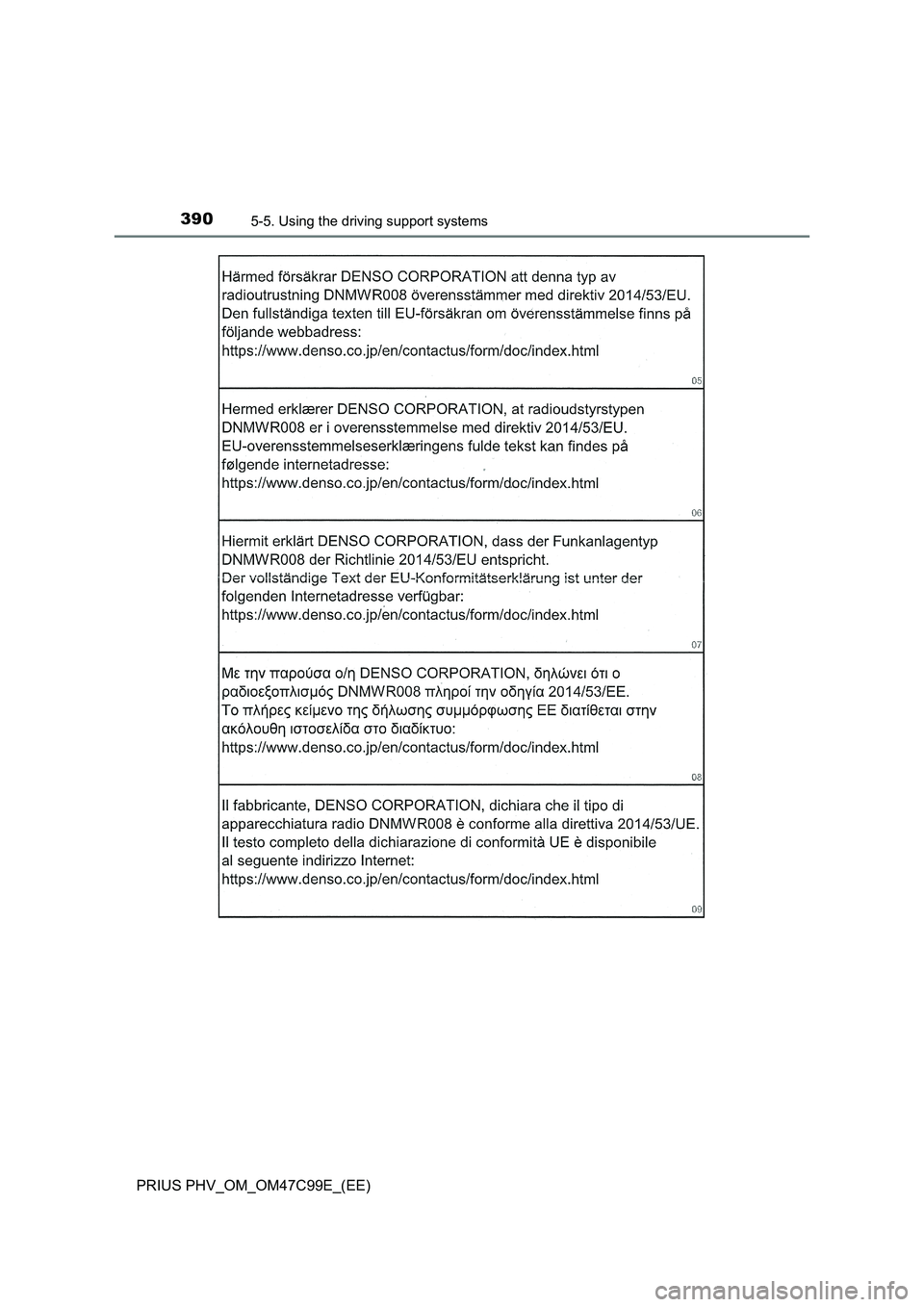 TOYOTA PRIUS PLUG-IN HYBRID 2018 Owners Manual 3905-5. Using the driving support systems
PRIUS PHV_OM_OM47C99E_(EE) TOYOTA PRIUS PLUG-IN HYBRID 2018 Owners Manual 3905-5. Using the driving support systems
PRIUS PHV_OM_OM47C99E_(EE)