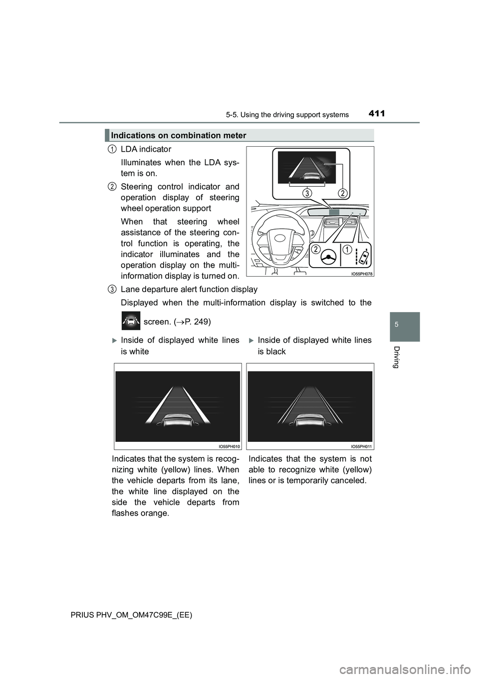 TOYOTA PRIUS PLUG-IN HYBRID 2018 Owners Manual 4115-5. Using the driving support systems
PRIUS PHV_OM_OM47C99E_(EE)
5
Driving
LDA indicator
Illuminates when the LDA sys-
tem is on.
Steering control indicator and
operation display of steering
wheel TOYOTA PRIUS PLUG-IN HYBRID 2018 Owners Manual 4115-5. Using the driving support systems
PRIUS PHV_OM_OM47C99E_(EE)
5
Driving
LDA indicator
Illuminates when the LDA sys-
tem is on.
Steering control indicator and
operation display of steering
wheel