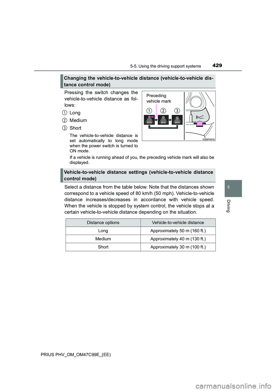 TOYOTA PRIUS PLUG-IN HYBRID 2018  Owners Manual 4295-5. Using the driving support systems
PRIUS PHV_OM_OM47C99E_(EE)
5
Driving
Pressing the switch changes the 
vehicle-to-vehicle distance as fol- 
lows: 
Long 
Medium 
Short
The vehicle-to-vehicle d