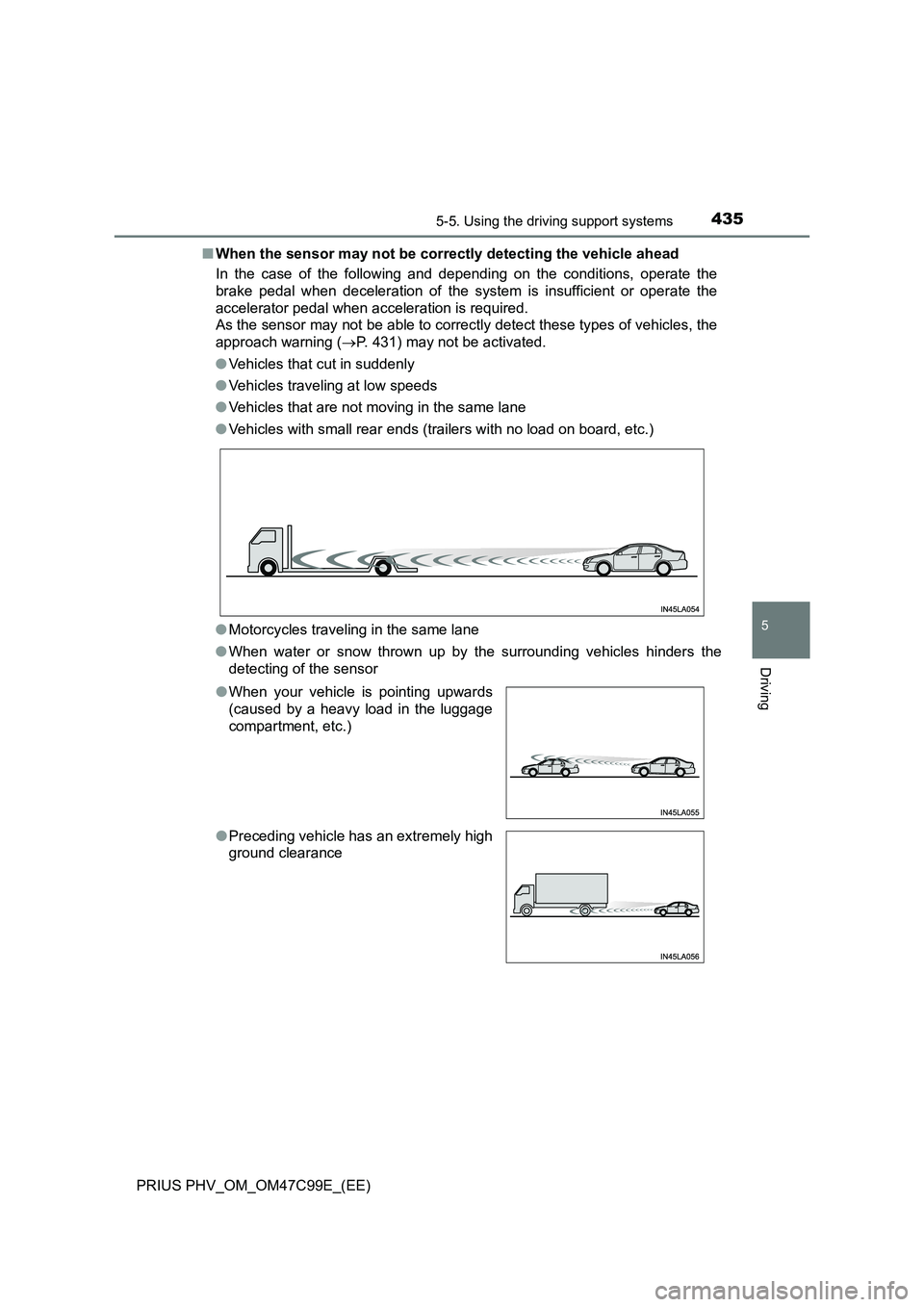 TOYOTA PRIUS PLUG-IN HYBRID 2018 Owners Manual 4355-5. Using the driving support systems
PRIUS PHV_OM_OM47C99E_(EE)
5
Driving
■When the sensor may not be correctly detecting the vehicle ahead
In the case of the following and depending on the con TOYOTA PRIUS PLUG-IN HYBRID 2018 Owners Manual 4355-5. Using the driving support systems
PRIUS PHV_OM_OM47C99E_(EE)
5
Driving
■When the sensor may not be correctly detecting the vehicle ahead
In the case of the following and depending on the con