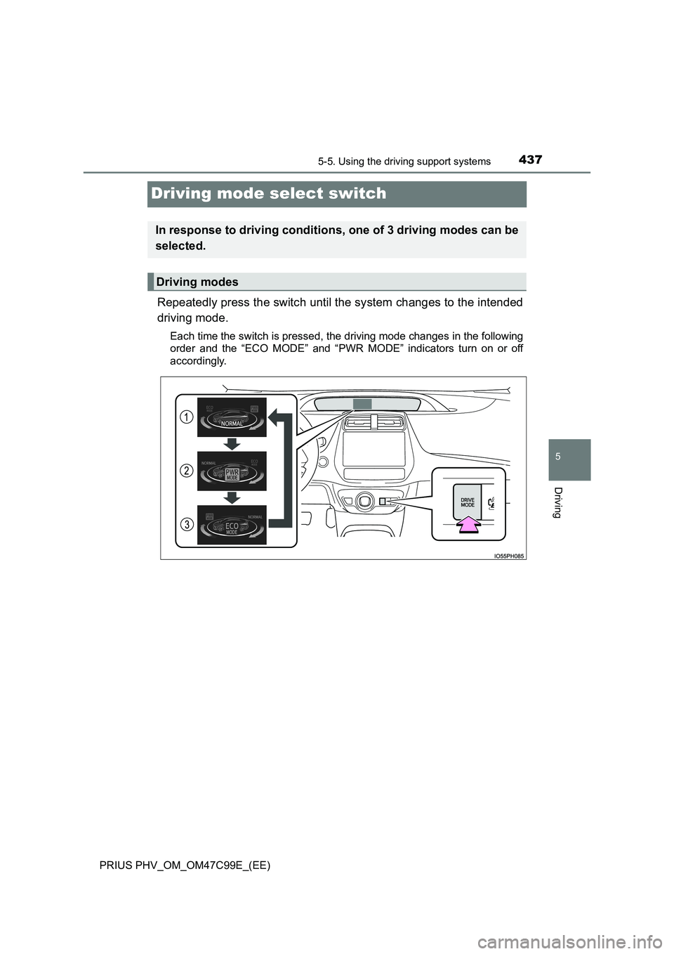 TOYOTA PRIUS PLUG-IN HYBRID 2018 Owners Manual 4375-5. Using the driving support systems
PRIUS PHV_OM_OM47C99E_(EE)
5
Driving
Driving mode select switch
Repeatedly press the switch until the system changes to the intended
driving mode.
Each time t TOYOTA PRIUS PLUG-IN HYBRID 2018 Owners Manual 4375-5. Using the driving support systems
PRIUS PHV_OM_OM47C99E_(EE)
5
Driving
Driving mode select switch
Repeatedly press the switch until the system changes to the intended
driving mode.
Each time t