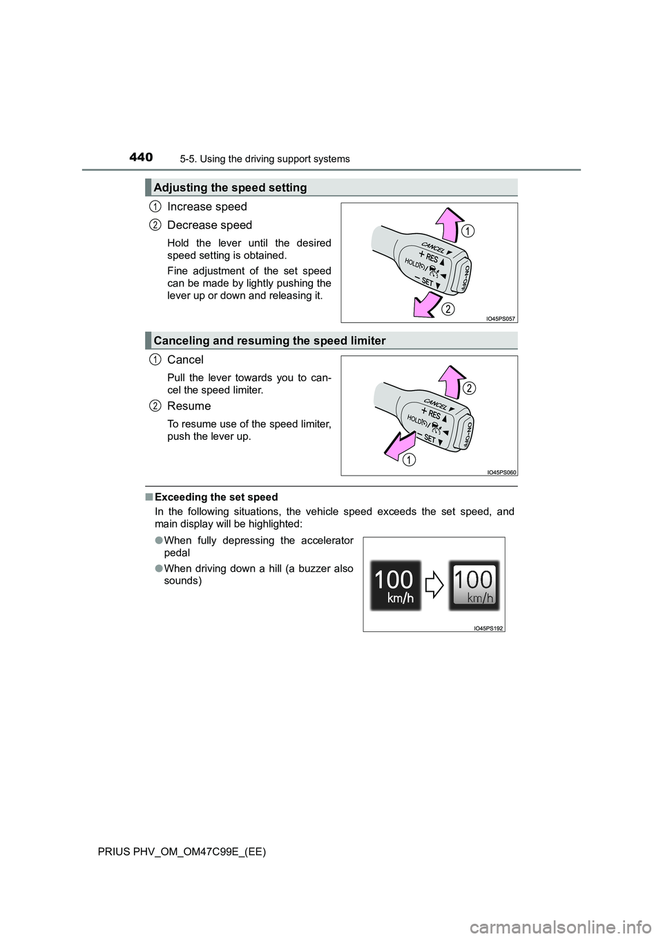 TOYOTA PRIUS PLUG-IN HYBRID 2018 Owners Manual 4405-5. Using the driving support systems
PRIUS PHV_OM_OM47C99E_(EE)
Increase speed
Decrease speed
Hold the lever until the desired
speed setting is obtained.
Fine adjustment of the set speed
can be m TOYOTA PRIUS PLUG-IN HYBRID 2018 Owners Manual 4405-5. Using the driving support systems
PRIUS PHV_OM_OM47C99E_(EE)
Increase speed
Decrease speed
Hold the lever until the desired
speed setting is obtained.
Fine adjustment of the set speed
can be m