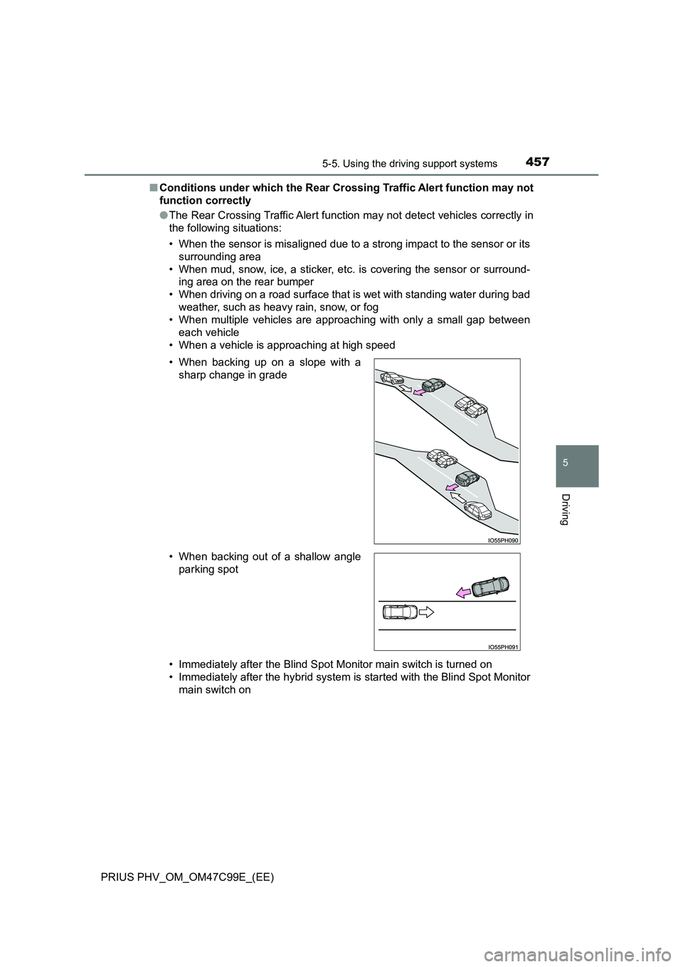 TOYOTA PRIUS PLUG-IN HYBRID 2018 Owners Manual 4575-5. Using the driving support systems
PRIUS PHV_OM_OM47C99E_(EE)
5
Driving
■Conditions under which the Rear Crossing Traffic Alert function may not
function correctly
● The Rear Crossing Tra TOYOTA PRIUS PLUG-IN HYBRID 2018 Owners Manual 4575-5. Using the driving support systems
PRIUS PHV_OM_OM47C99E_(EE)
5
Driving
■Conditions under which the Rear Crossing Traffic Alert function may not
function correctly
● The Rear Crossing Tra