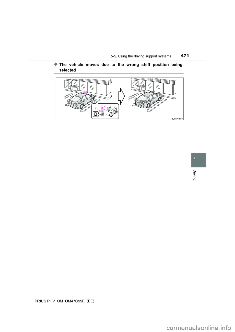 TOYOTA PRIUS PLUG-IN HYBRID 2018  Owners Manual 4715-5. Using the driving support systems
PRIUS PHV_OM_OM47C99E_(EE)
5
Driving
◆The vehicle moves due to the wrong shift position being
selected 