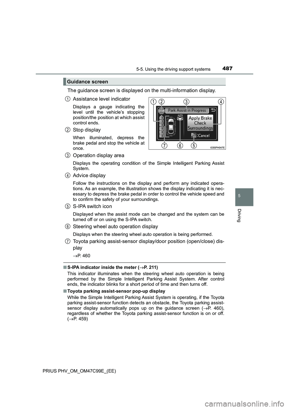 TOYOTA PRIUS PLUG-IN HYBRID 2018 Owners Manual 4875-5. Using the driving support systems
PRIUS PHV_OM_OM47C99E_(EE)
5
Driving
The guidance screen is displayed on the multi-information display.
Assistance level indicator
Displays a gauge indicating TOYOTA PRIUS PLUG-IN HYBRID 2018 Owners Manual 4875-5. Using the driving support systems
PRIUS PHV_OM_OM47C99E_(EE)
5
Driving
The guidance screen is displayed on the multi-information display.
Assistance level indicator
Displays a gauge indicating