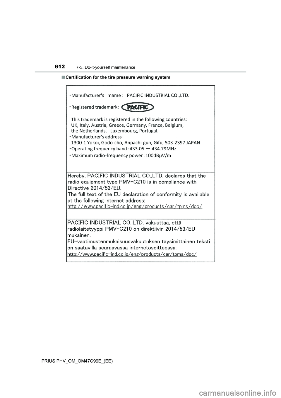 TOYOTA PRIUS PLUG-IN HYBRID 2018  Owners Manual 6127-3. Do-it-yourself maintenance
PRIUS PHV_OM_OM47C99E_(EE)■Certification for the tire pressure warning system 