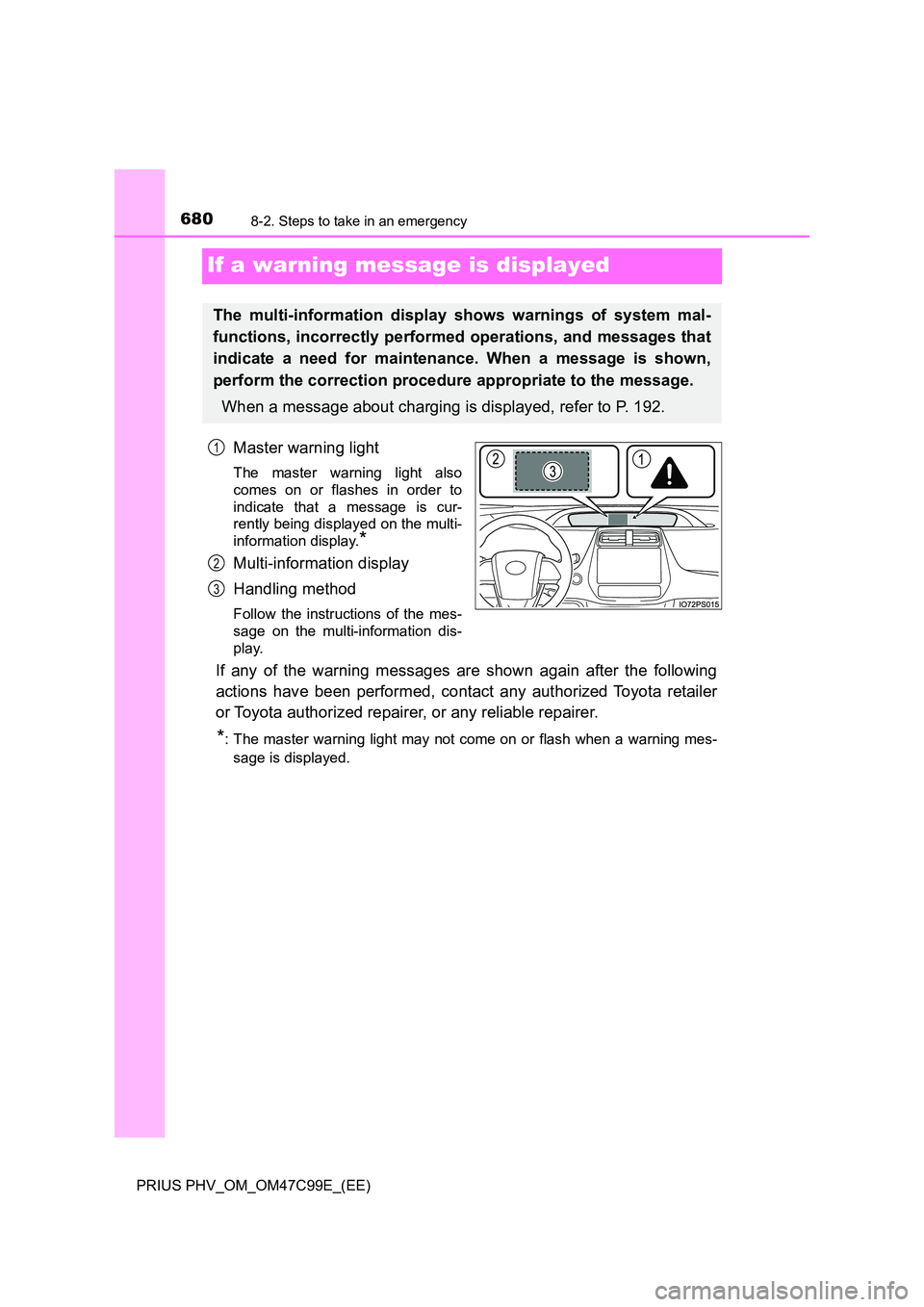 TOYOTA PRIUS PLUG-IN HYBRID 2018 Owners Manual 6808-2. Steps to take in an emergency
PRIUS PHV_OM_OM47C99E_(EE)
If a warning message is displayed
Master warning light
The master warning light also
comes on or flashes in order to
indicate that a m TOYOTA PRIUS PLUG-IN HYBRID 2018 Owners Manual 6808-2. Steps to take in an emergency
PRIUS PHV_OM_OM47C99E_(EE)
If a warning message is displayed
Master warning light
The master warning light also
comes on or flashes in order to
indicate that a m