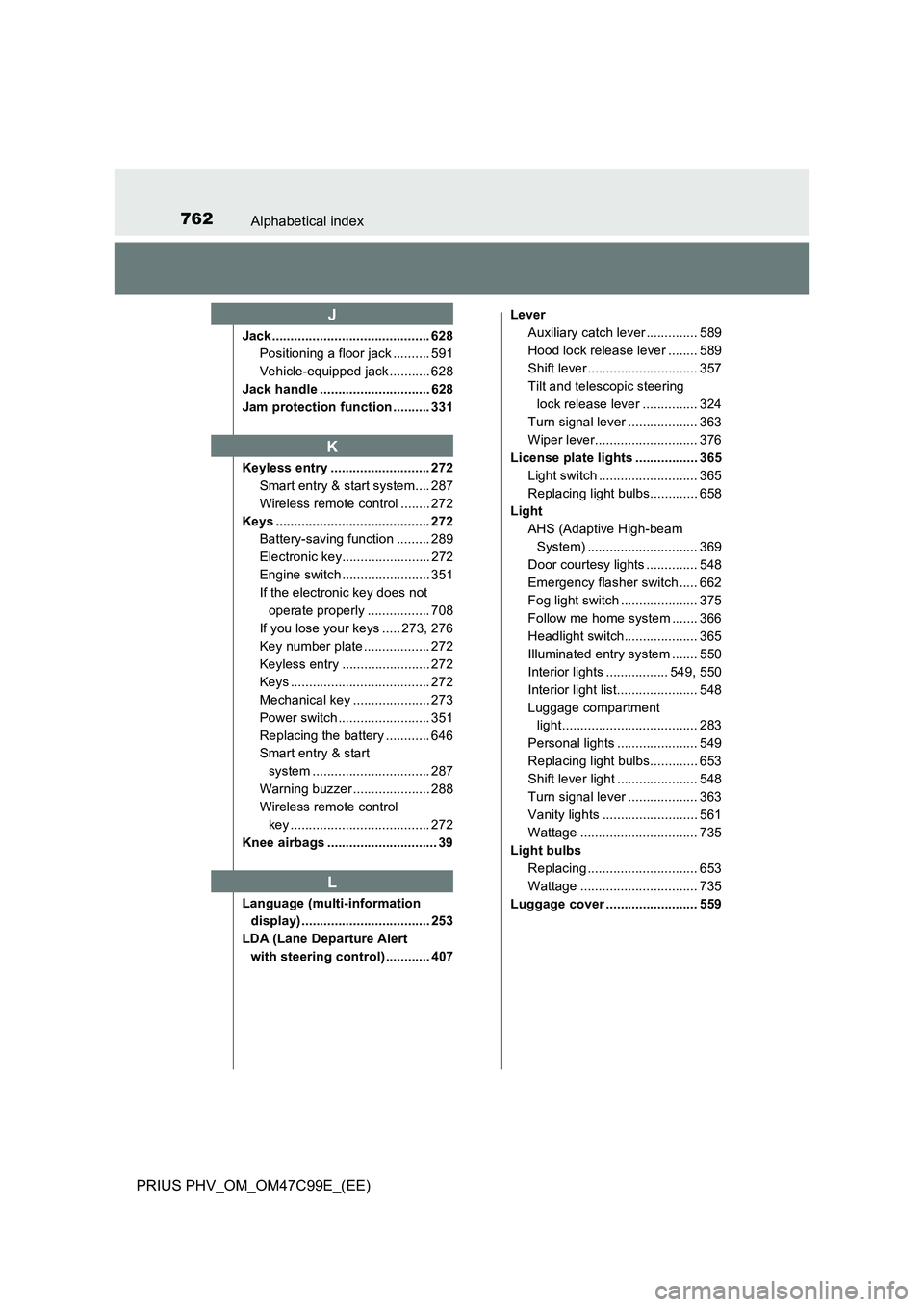 TOYOTA PRIUS PLUG-IN HYBRID 2018 Owners Manual 762Alphabetical index
PRIUS PHV_OM_OM47C99E_(EE)
Jack ........................................... 628
Positioning a floor jack .......... 591
Vehicle-equipped jack ........... 628
Jack handle ........ TOYOTA PRIUS PLUG-IN HYBRID 2018 Owners Manual 762Alphabetical index
PRIUS PHV_OM_OM47C99E_(EE)
Jack ........................................... 628
Positioning a floor jack .......... 591
Vehicle-equipped jack ........... 628
Jack handle ........