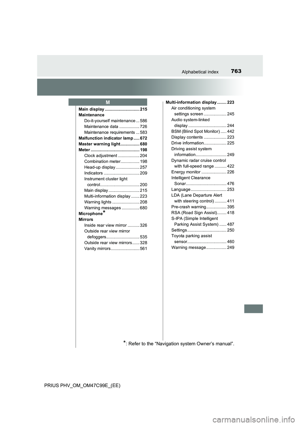 TOYOTA PRIUS PLUG-IN HYBRID 2018 Owners Manual 763Alphabetical index
PRIUS PHV_OM_OM47C99E_(EE)
Main display ............................. 215
Maintenance
Do-it-yourself maintenance ... 586
Maintenance data ................. 726
Maintenance requir TOYOTA PRIUS PLUG-IN HYBRID 2018 Owners Manual 763Alphabetical index
PRIUS PHV_OM_OM47C99E_(EE)
Main display ............................. 215
Maintenance
Do-it-yourself maintenance ... 586
Maintenance data ................. 726
Maintenance requir