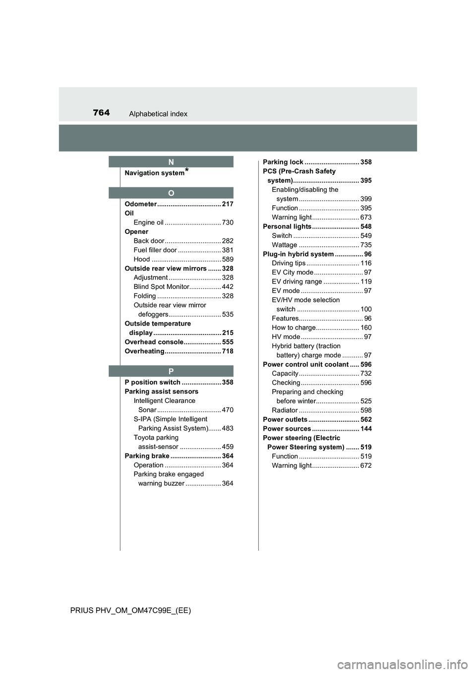 TOYOTA PRIUS PLUG-IN HYBRID 2018 Owners Manual 764Alphabetical index
PRIUS PHV_OM_OM47C99E_(EE)
Navigation system*
Odometer .................................. 217
Oil
Engine oil .............................. 730
Opener
Back door ................. TOYOTA PRIUS PLUG-IN HYBRID 2018 Owners Manual 764Alphabetical index
PRIUS PHV_OM_OM47C99E_(EE)
Navigation system*
Odometer .................................. 217
Oil
Engine oil .............................. 730
Opener
Back door .................