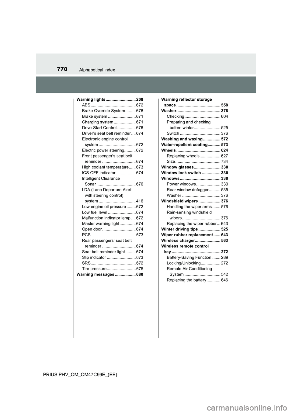 TOYOTA PRIUS PLUG-IN HYBRID 2018 Owners Manual 770Alphabetical index
PRIUS PHV_OM_OM47C99E_(EE)
Warning lights .......................... 208
ABS ....................................... 672
Brake Override System ......... 676
Brake system ........ TOYOTA PRIUS PLUG-IN HYBRID 2018 Owners Manual 770Alphabetical index
PRIUS PHV_OM_OM47C99E_(EE)
Warning lights .......................... 208
ABS ....................................... 672
Brake Override System ......... 676
Brake system ........