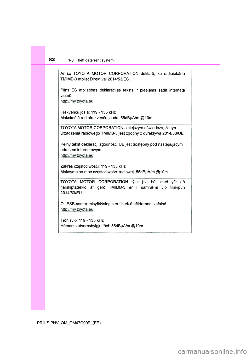 TOYOTA PRIUS PLUG-IN HYBRID 2018 Manual Online 821-3. Theft deterrent system
PRIUS PHV_OM_OM47C99E_(EE) 
