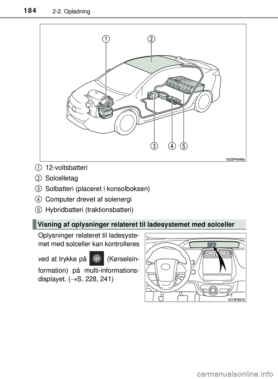 TOYOTA PRIUS PLUG-IN HYBRID 2018  Brugsanvisning (in Danish) 1842-2. Opladning
OM47C99DK
12-voltsbatteri
Solcelletag
Solbatteri (placeret i konsolboksen)
Computer drevet af solenergi
Hybridbatteri (traktionsbatteri)
Oplysninger relateret til ladesyste-
met med 