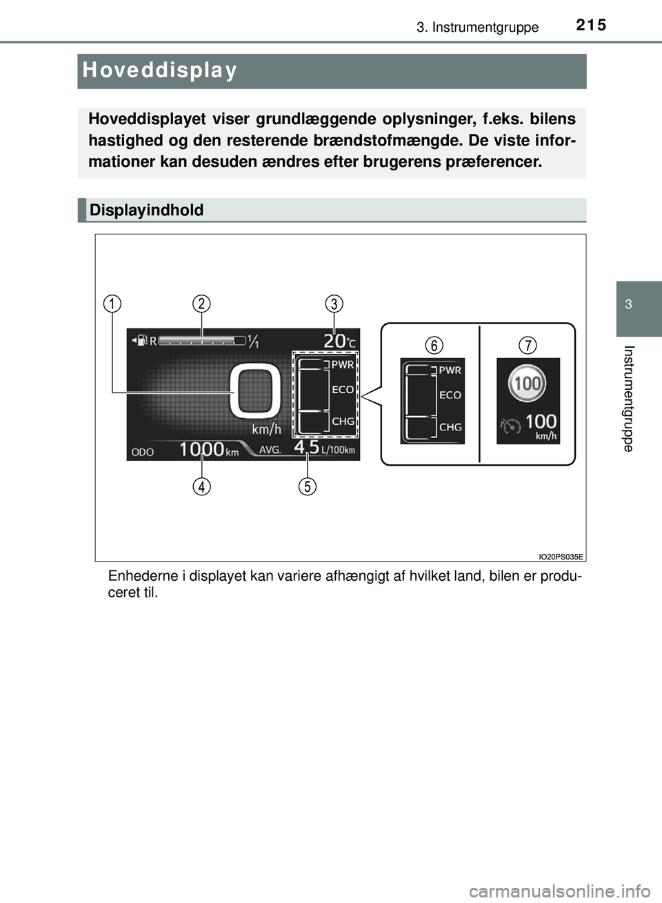 TOYOTA PRIUS PLUG-IN HYBRID 2018  Brugsanvisning (in Danish) 2153. Instrumentgruppe
OM47C99DK
3
Instrumentgruppe
Hoveddisplay
Enhederne i displayet kan variere afhængigt af hvilket land, bilen er produ-
ceret til.
Hoveddisplayet viser grundlæggende oplysninge